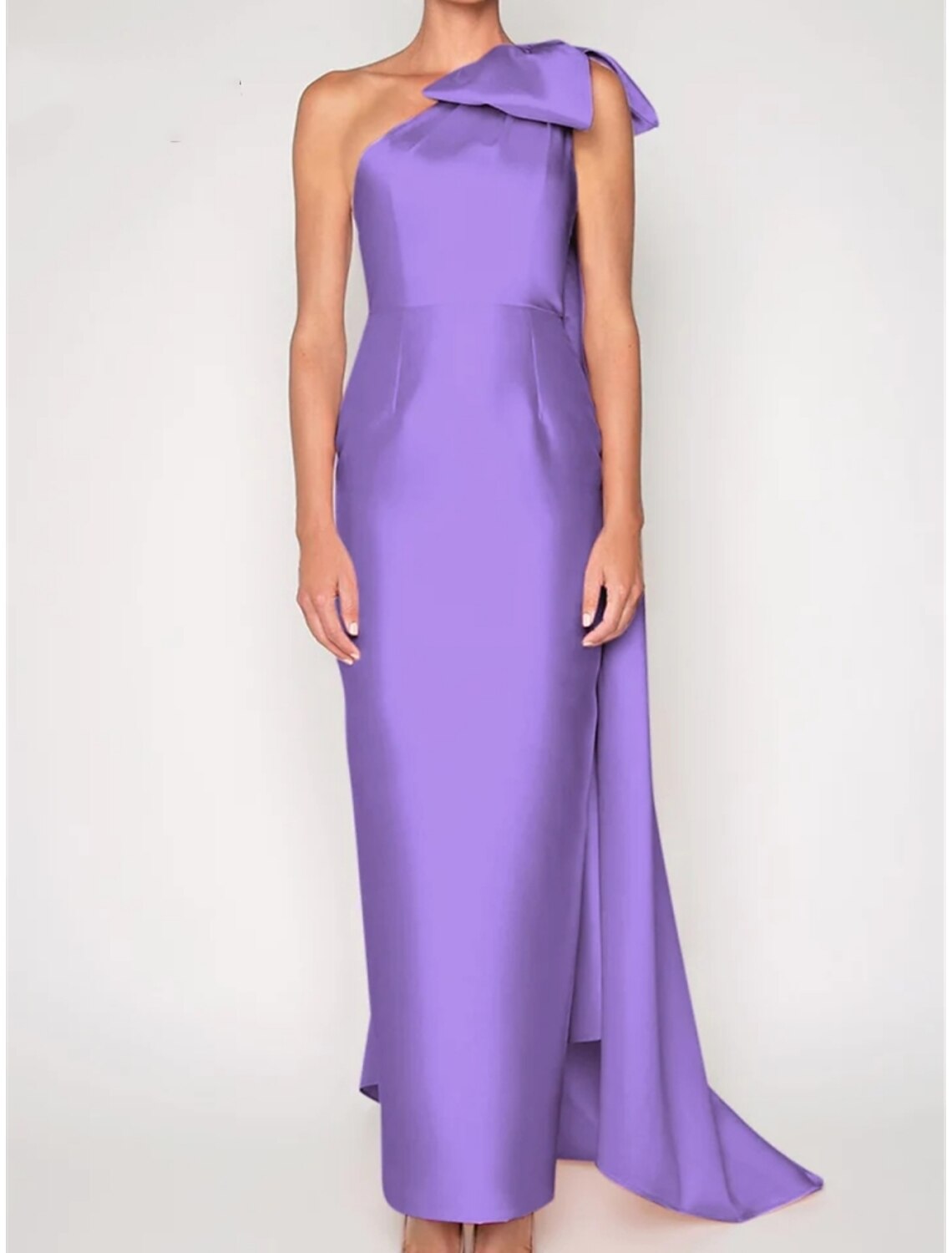 Lavender Satin One Shoulder Floor-Length Evening Dress with Bow Detail