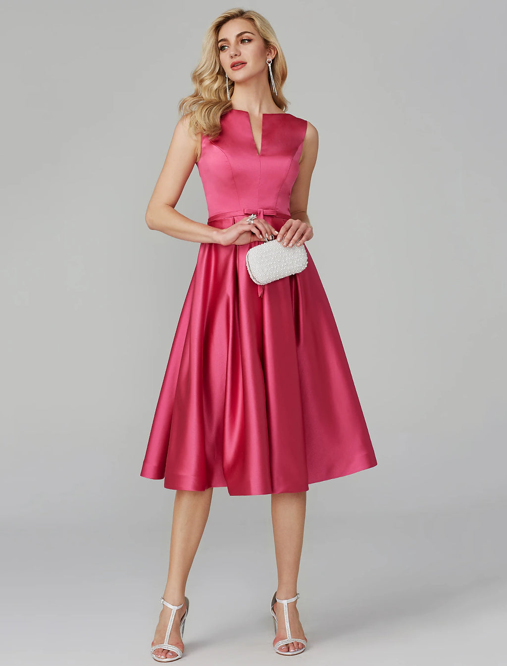 Vestido elegante de corte A para invitada de boda, cóctel, hasta la rodilla, sin mangas, escote en V, vestido rosa de satén con faja/cinta
