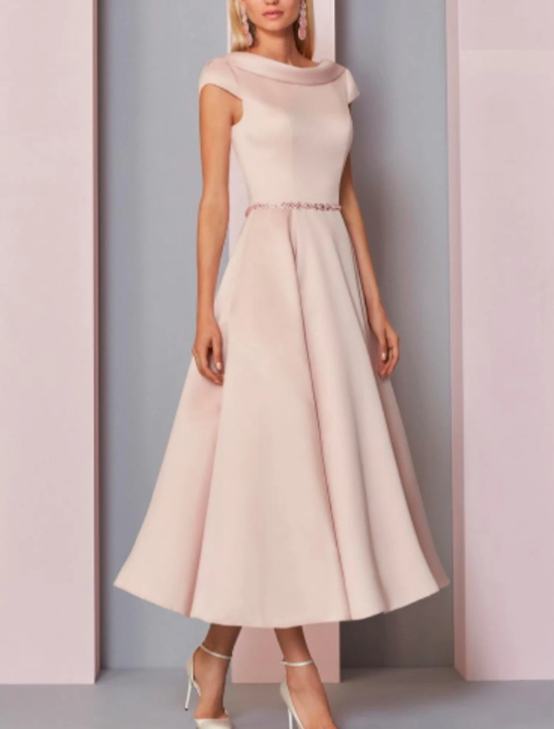 Abito da cerimonia per la madre della sposa, in raso, con scollo a V, lunghezza alla caviglia, manica corta, con cristalli, taglie forti