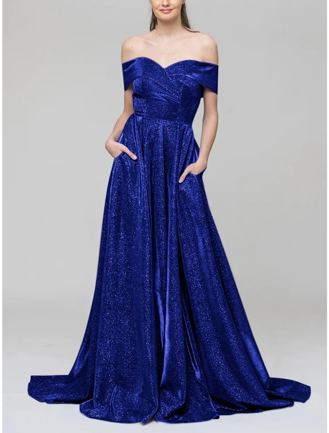 A-Line Evening Gown Sparkle & Shine Dress Formal Court Train Short Sleeve Off Shoulder Sequined with Glitter Pleats 2025