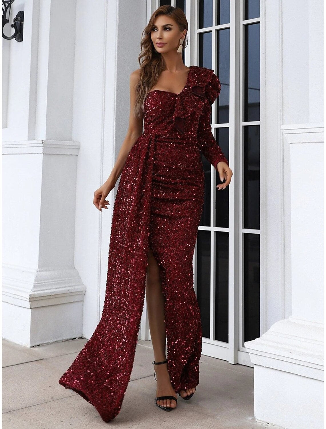 Pink Sequin One Shoulder Floor-Length Sheath/column Gown with Ruffles & High Slit