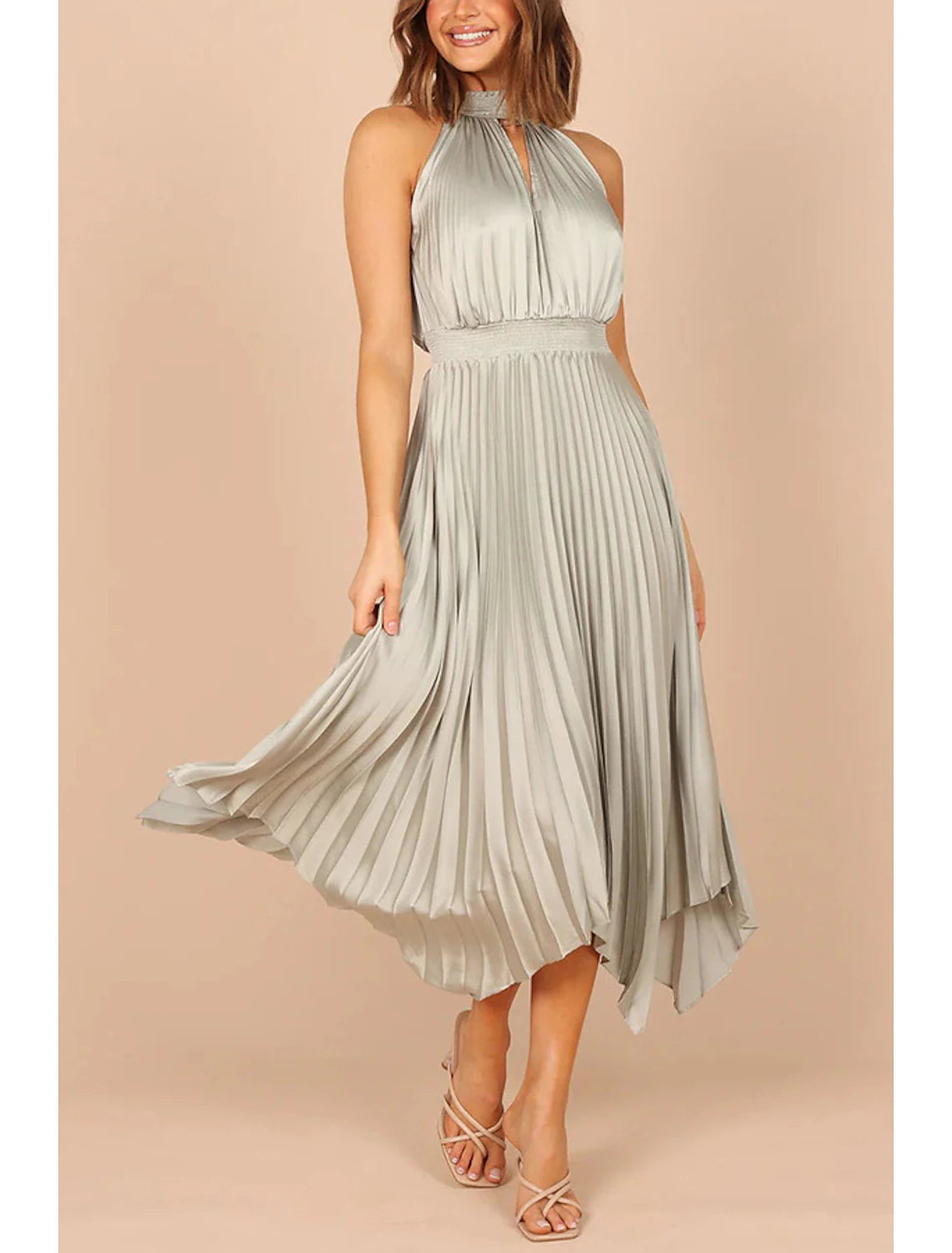 Vestidos de fiesta de corte A, vestido informal, para invitados de boda, asimétrico, sin mangas, cuello halter, satén con pliegues
