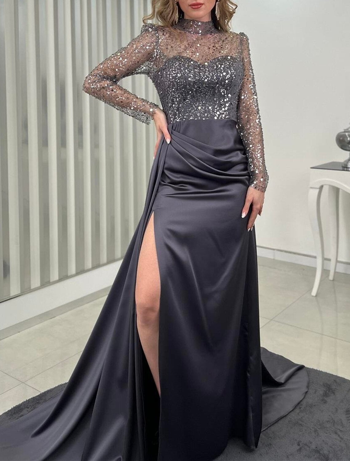 Mermaid / Trumpet Evening Gown Elegant Dress Wedding Guest Fall Court Train Long Sleeve High Neck Satin with Ruched Pearls Slit