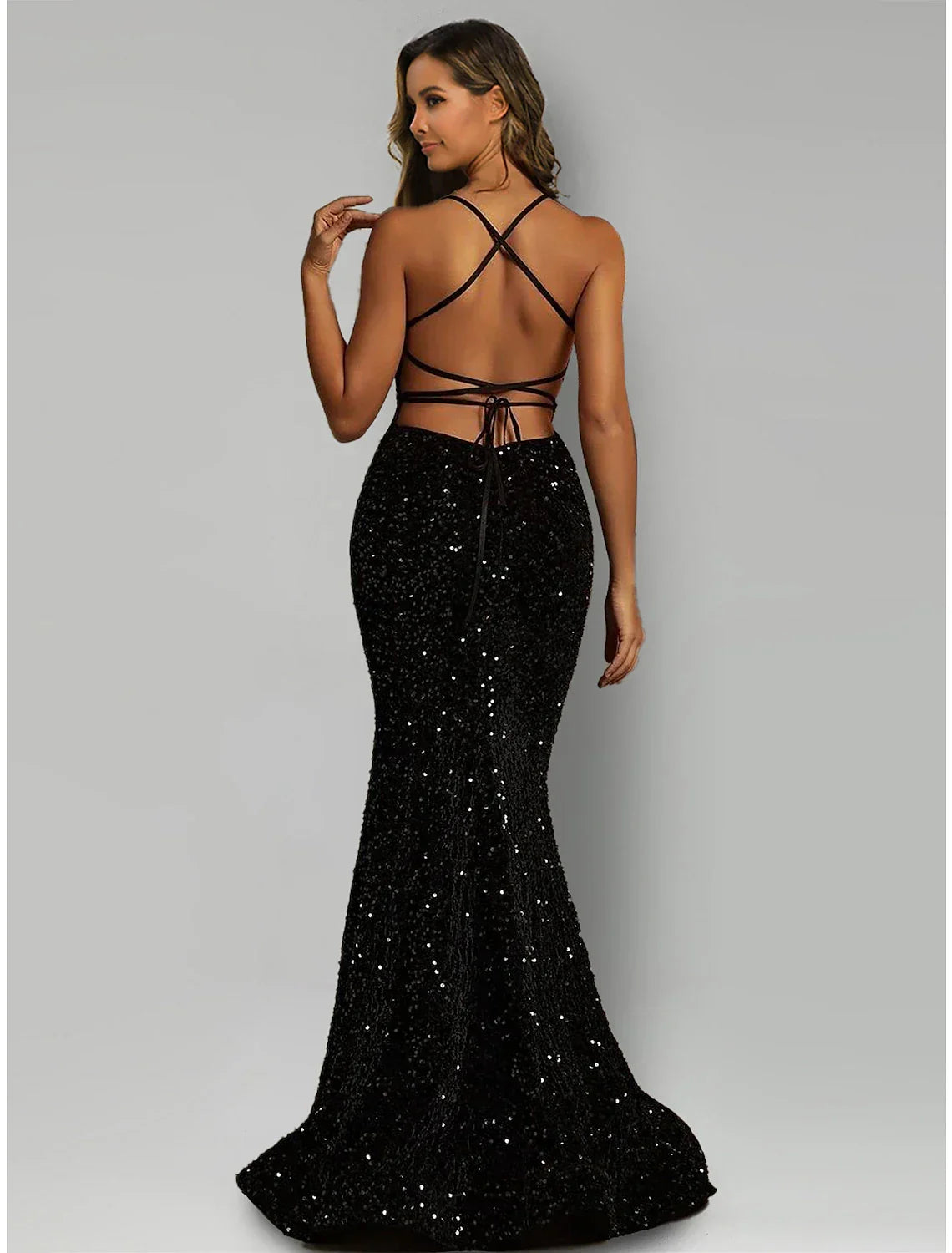 Black Sequin Mermaid Floor-Length Evening Dress with Straight Neck