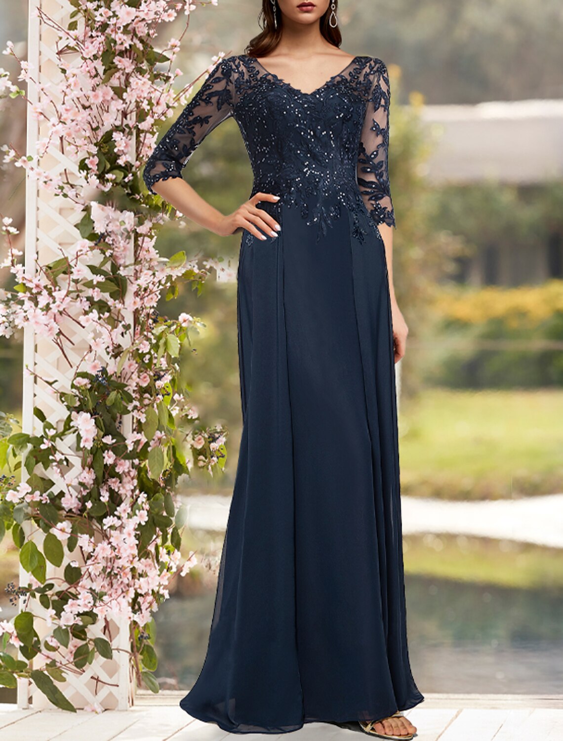 Vestido elegante para madre de la novia, con corte en V, brillo y columna, largo hasta el suelo, de gasa, encaje, mangas 3/4 con apliques de lentejuelas