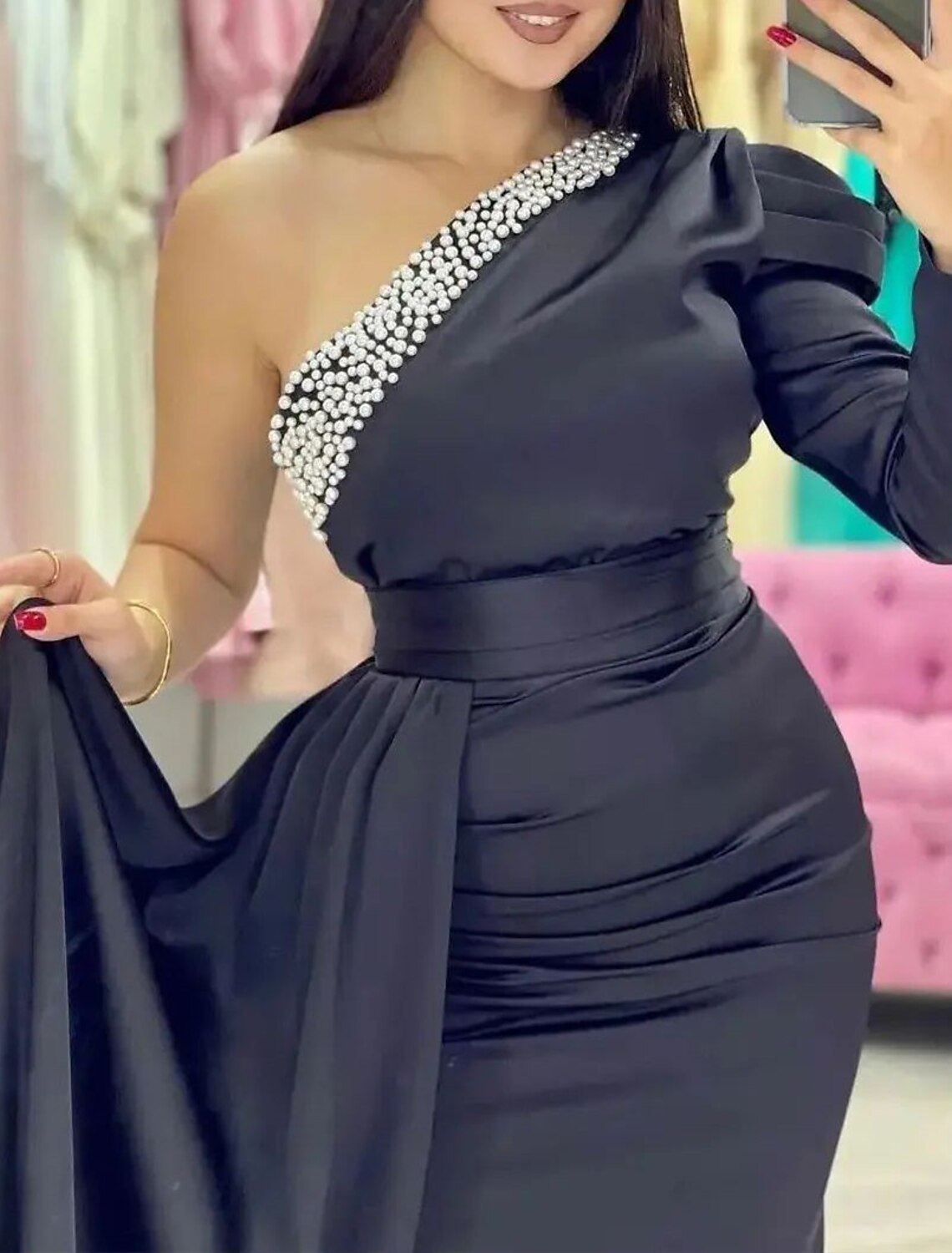 Mermaid / Trumpet Evening Gown Black Dress Dress Formal Masquerade Floor Length Long Sleeve One Shoulder Satin with Ruched Pearls