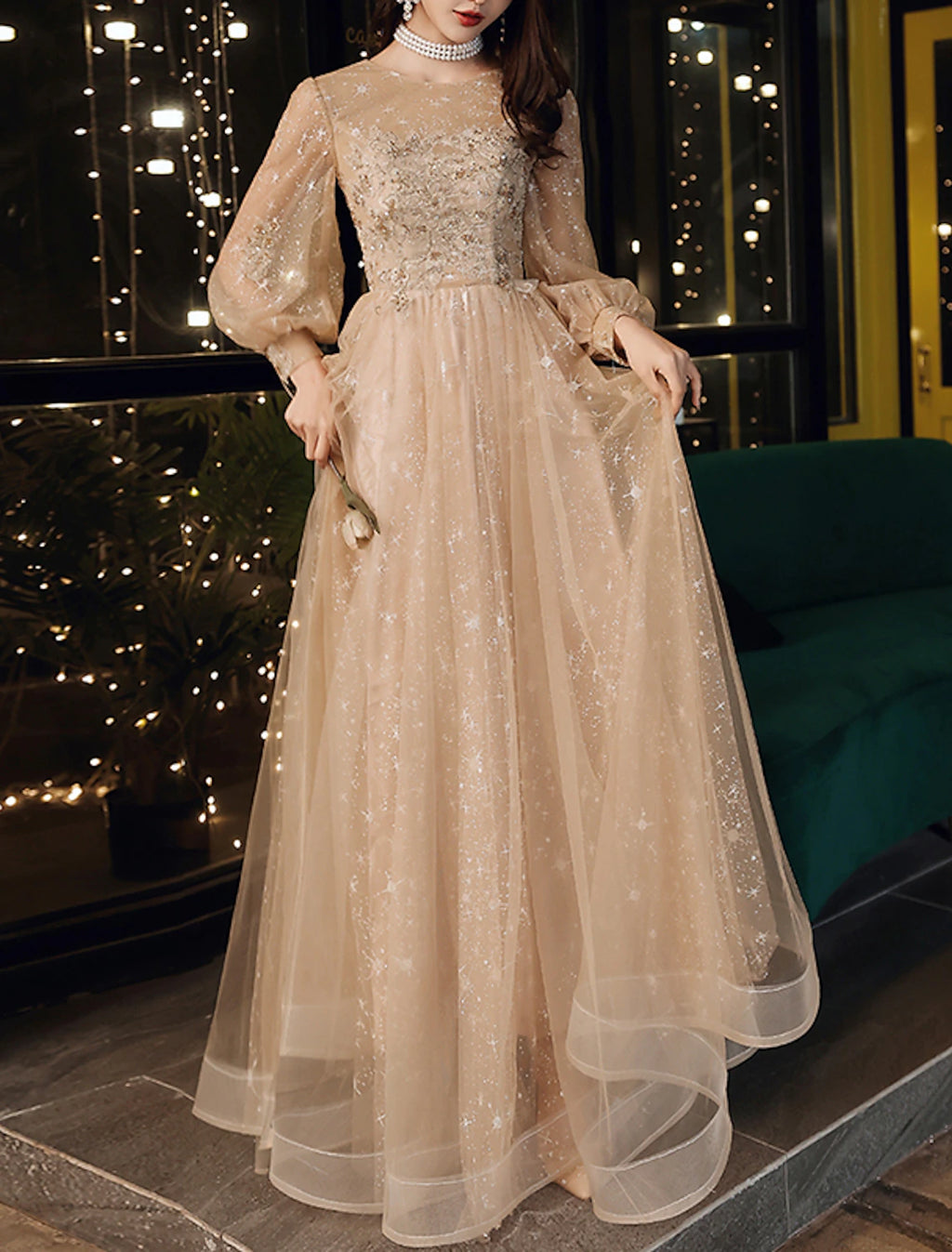 Abiti da ballo a trapezio, graziosi abiti da cerimonia, da invitare a nozze, lunghi fino al pavimento, con scollo gioiello, in tulle con applicazioni di paillettes