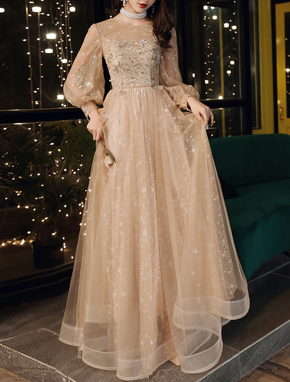 Vestidos de fiesta de corte A, bonitos vestidos de fiesta para invitados de boda, largos hasta el suelo, manga larga, cuello joya, tul con apliques de lentejuelas