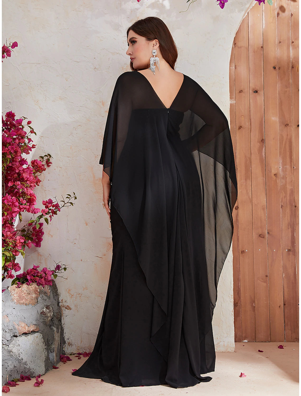 Vestidos de novia de sirena/trompeta para invitada de boda, vestido de talla grande, vestido formal de fiesta de noche, cola larga/cepillo, manga larga, cuello en V, poliéster con chal de lentejuelas