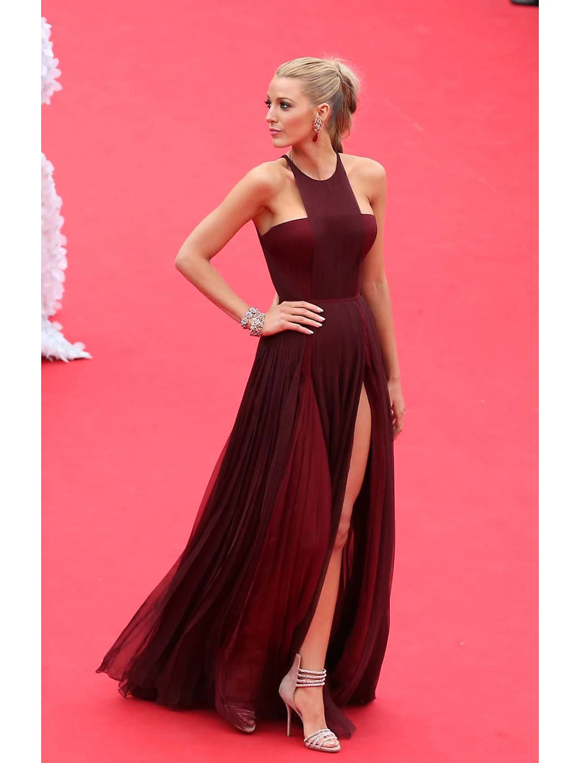 Burgundy Chiffon A-Line Floor-Length Halter Evening Dress with High Slit