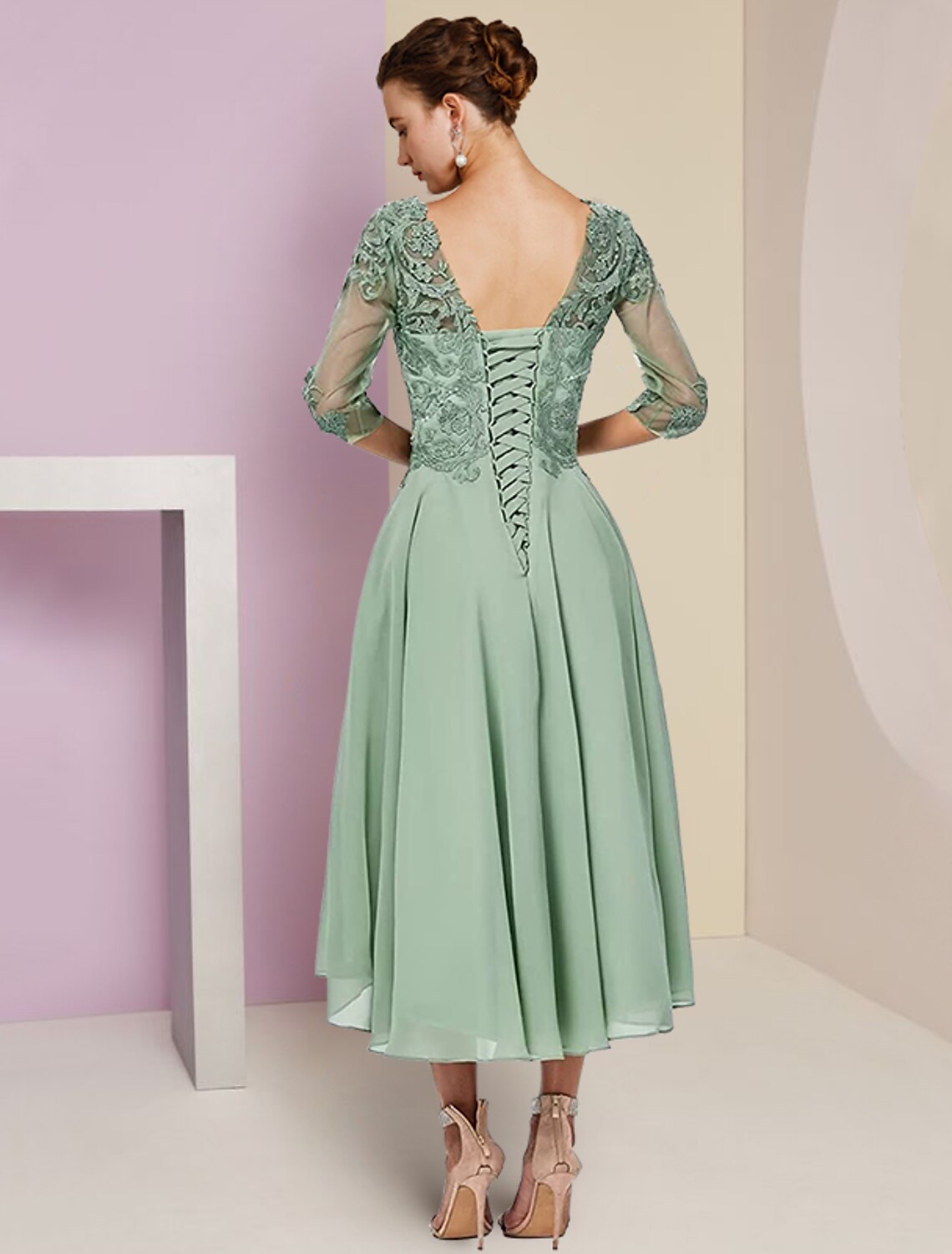 Vestido de dos piezas de corte A para madre de la novia, elegante, formal, para invitada de boda, escote alto bajo, asimétrico, largo hasta la rodilla, de gasa, con encaje, media manga, cruzado, con apliques de cuentas.