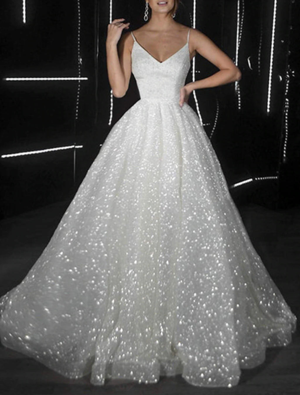 Ivory Glitter A-Line V-Neck Floor-Length Evening Dress