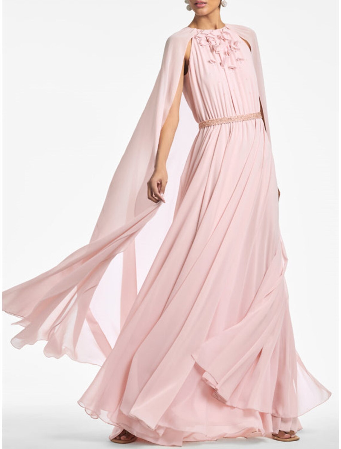 Blushing Pink Chiffon A-Line Floor-Length Dress with Pleated High Neck and Integrated Cape