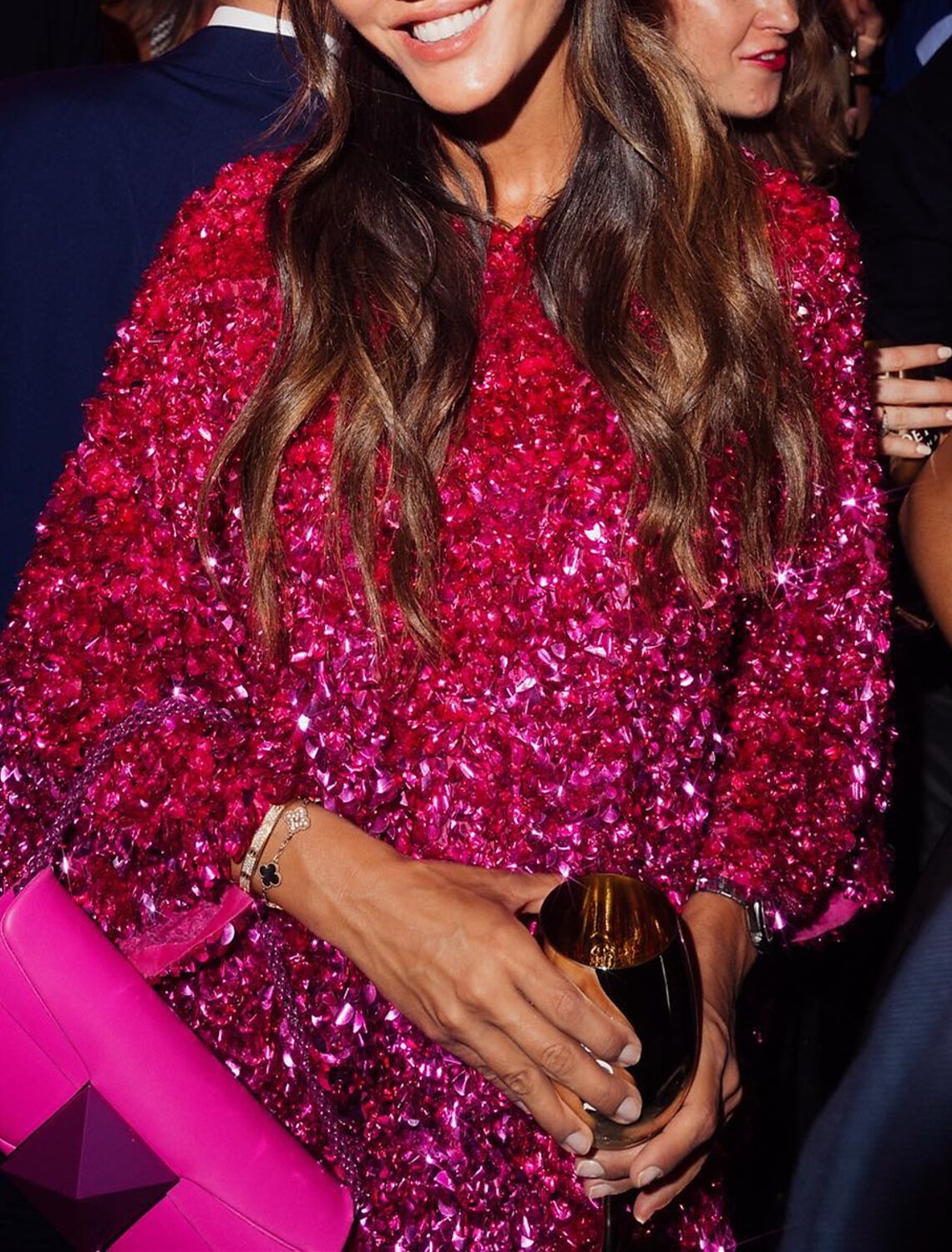 Abiti da ballo a trapezio, scintillanti e brillanti, per laurea, cocktail party, corti/mini, maniche lunghe, scollo gioiello, Barbiecore, paillettes con paillettes