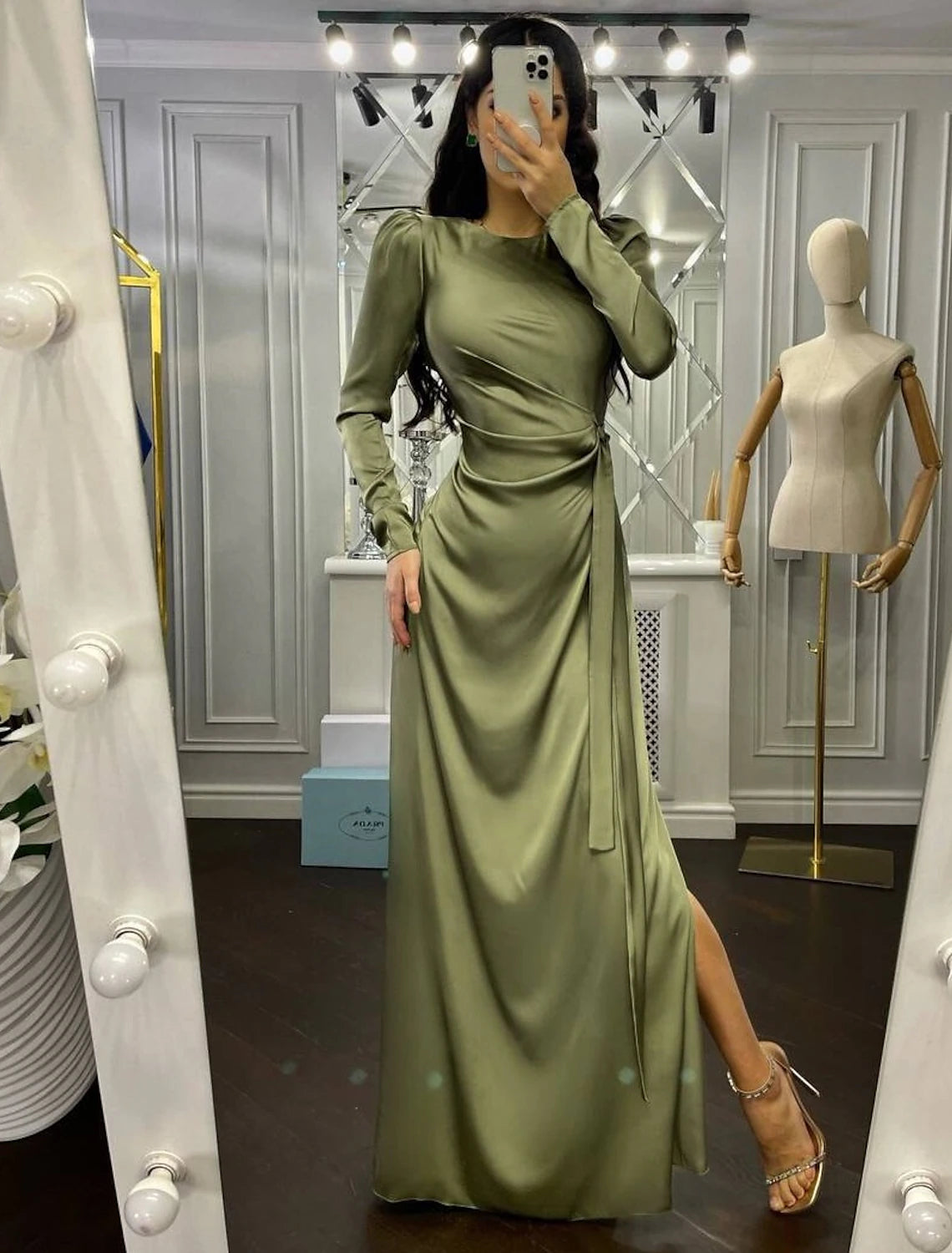 Olive Green Satin Sheath/column Floor-Length Dress with Scoop Neck and Draped Bodice