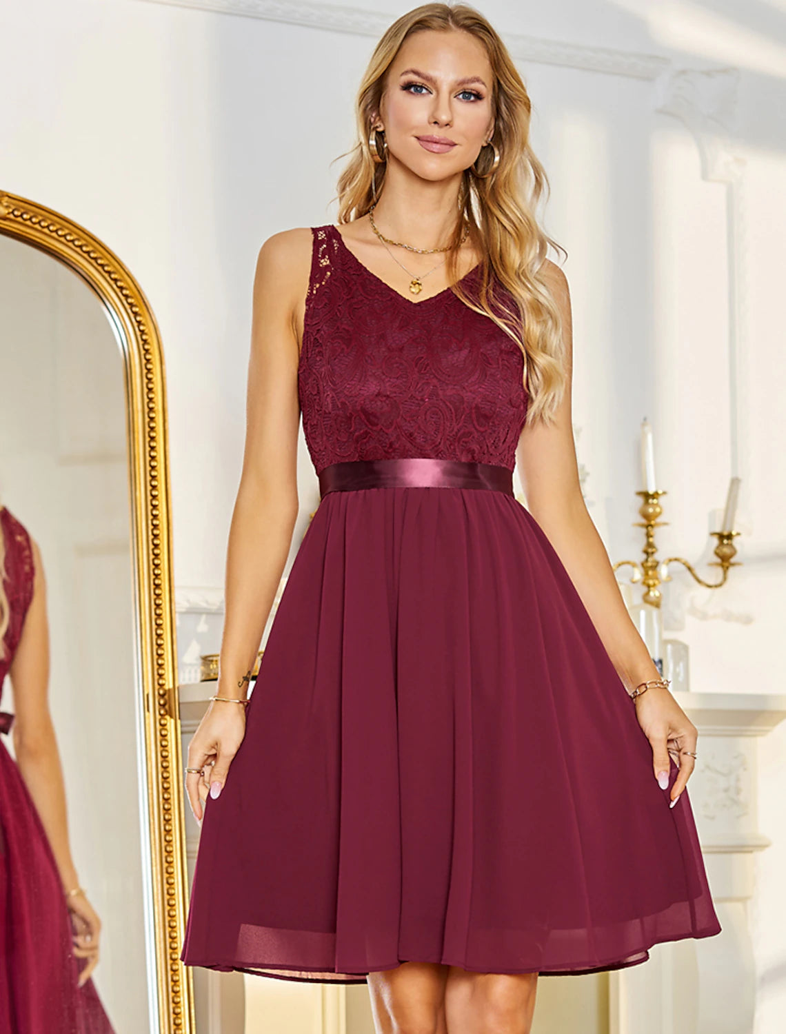 Burgundy Lace & Chiffon A-Line Short Bridesmaid Dress with V-Neck & V-Back