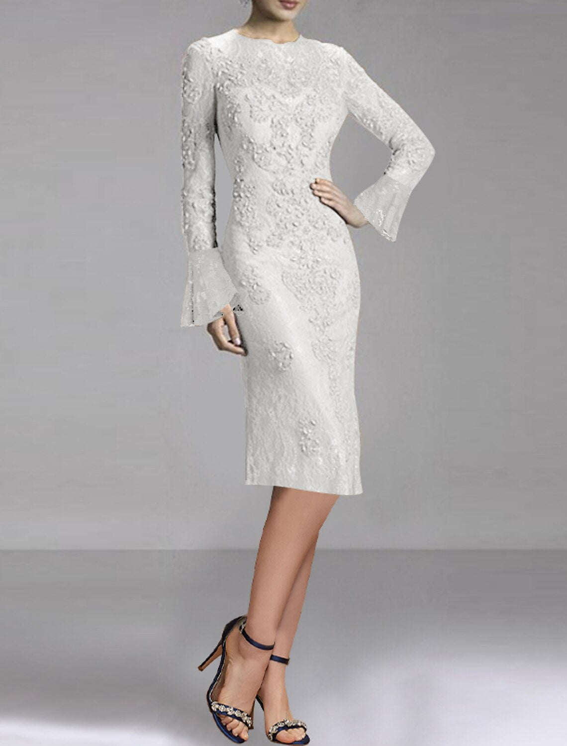 Vestidos de cóctel de tubo/columna, elegantes vestidos de fiesta para bodas, hasta la rodilla, manga larga, cuello joya, para invitados de boda de otoño, encaje con apliques