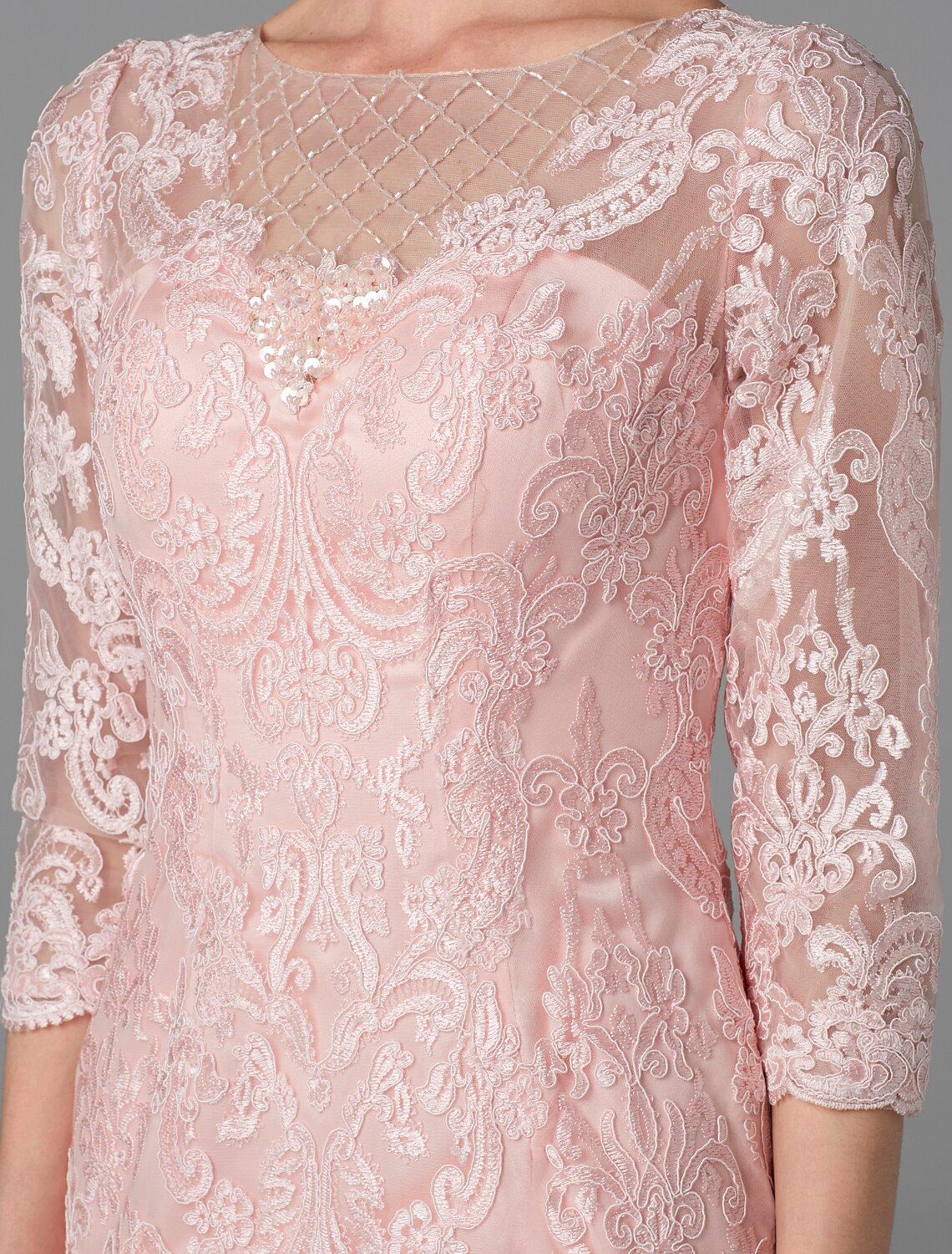 Vestido de madre de la novia de dos piezas, estilo tubo/columna, con brillo y brillo, cuello joya, largo hasta la rodilla, de gasa, con encaje, mangas 3/4, chaqueta y apliques de cuentas.