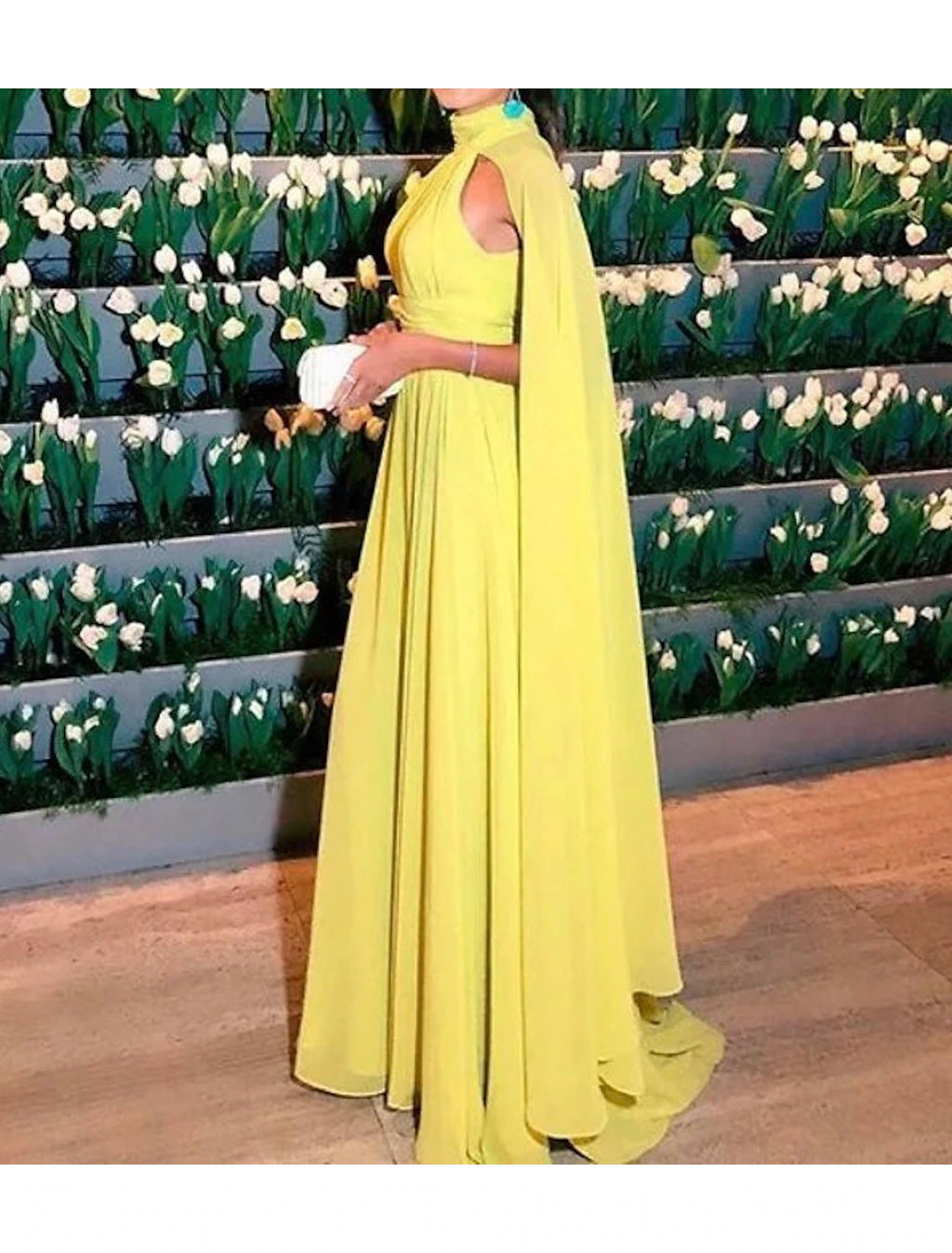 Yellow Chiffon A-Line Halter Neckline Floor-Length Evening Dress with Flowing Cape Sleeves