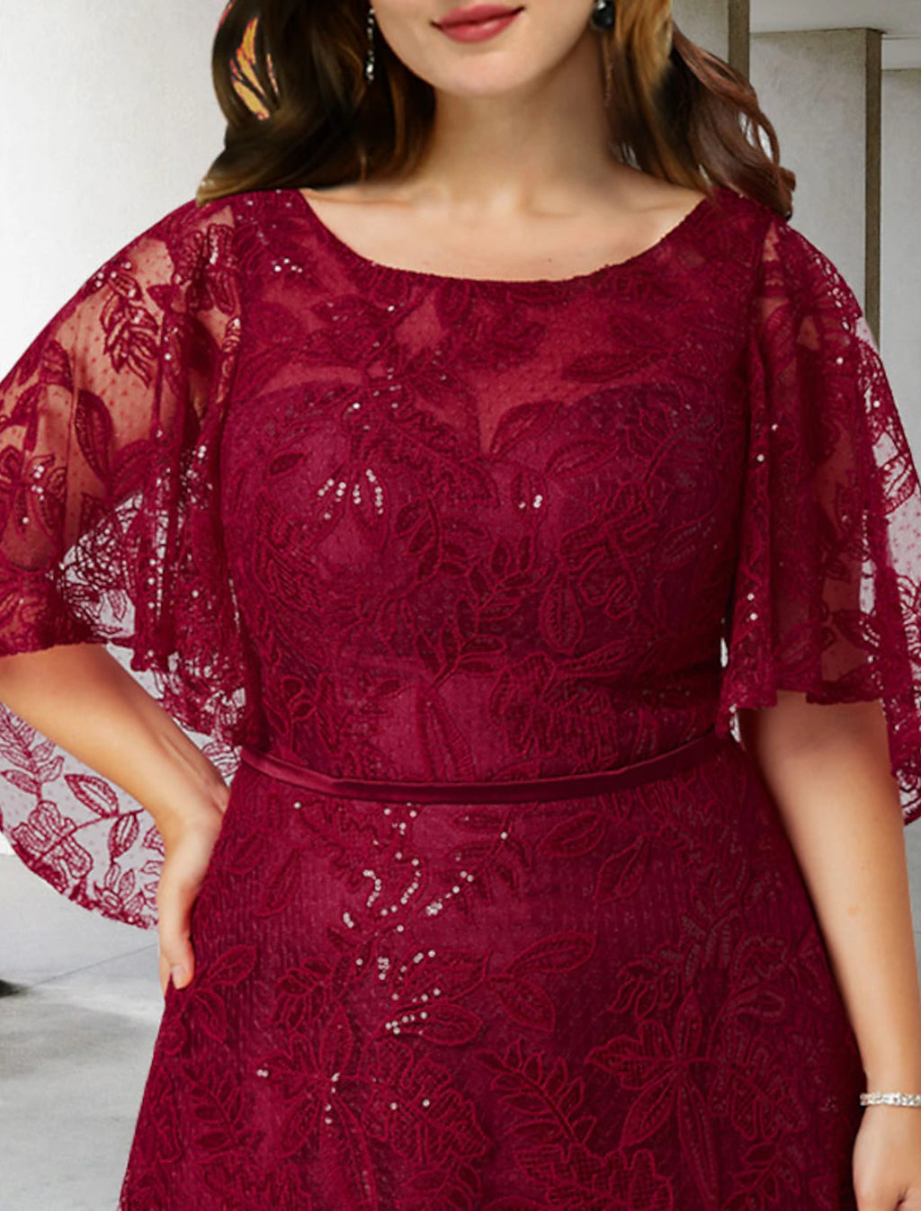 Vestido de madre de la novia de corte A, talla grande, oculta el vientre, elegante, cuello joya, largo hasta el suelo, encaje, media manga, sin mangas, con apliques de lentejuelas