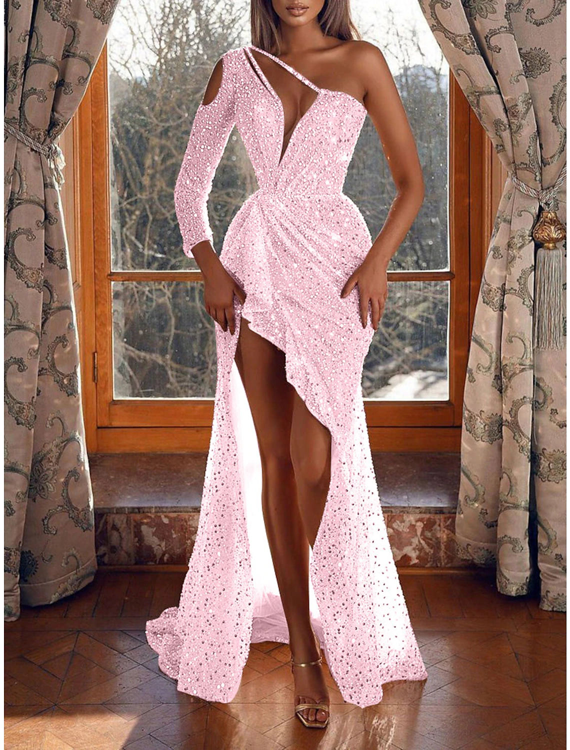 Mermaid / Trumpet Prom Dresses Sparkle & Shine Dress Wedding Guest Formal Evening Sweep / Brush Train Long Sleeve One Shoulder Sequined with Sequin 2025