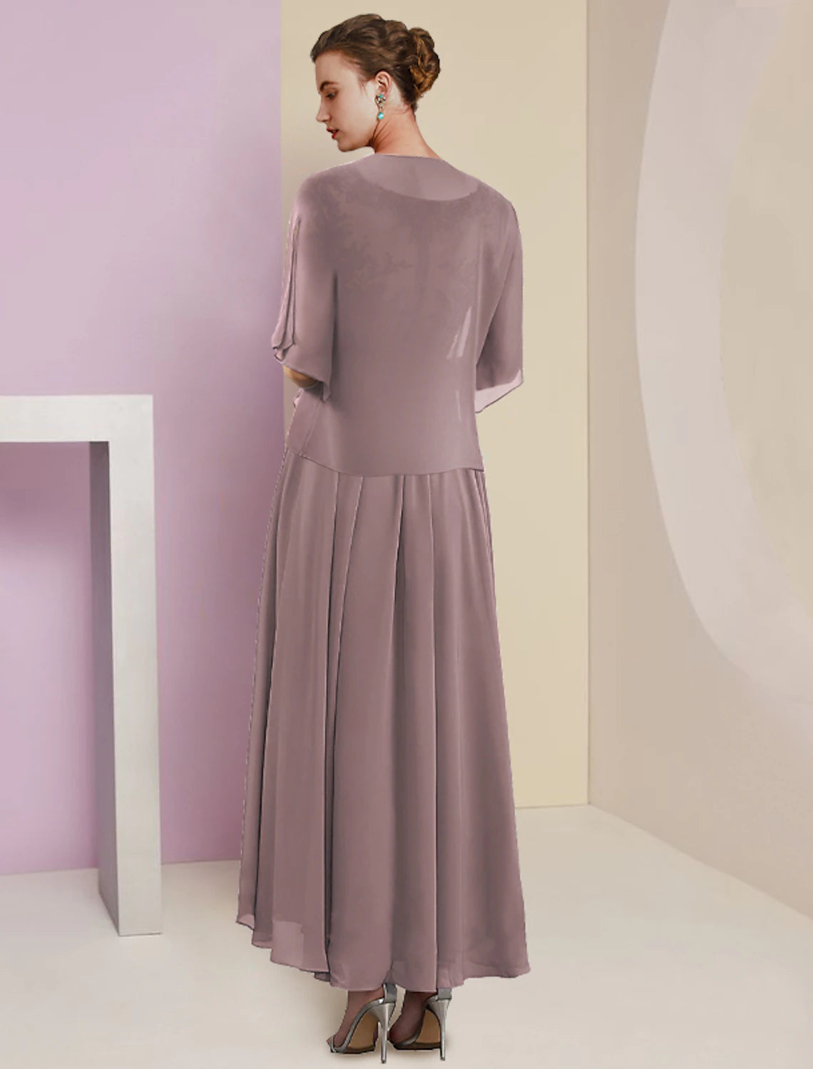 Mauve Chiffon A-Line Midi Dress with Embroidered V-Neck & Flutter Sleeves