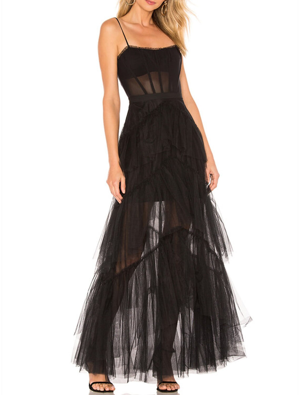 Vestidos de fiesta de corte A con corsé, vestido negro para fiesta de bodas, largo hasta el suelo, sin mangas, tirantes finos, tul con flecos