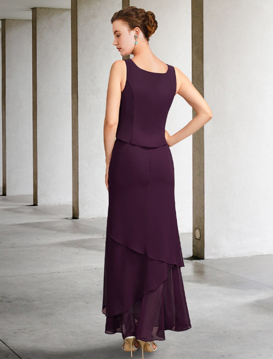 Vestido de madre de la novia de dos piezas, corte en A, talla grande, elegante, escote cuadrado, largo hasta los tobillos, de gasa, sin mangas, con chaqueta cruzada incluida, vestidos con capas de abalorios de perlas