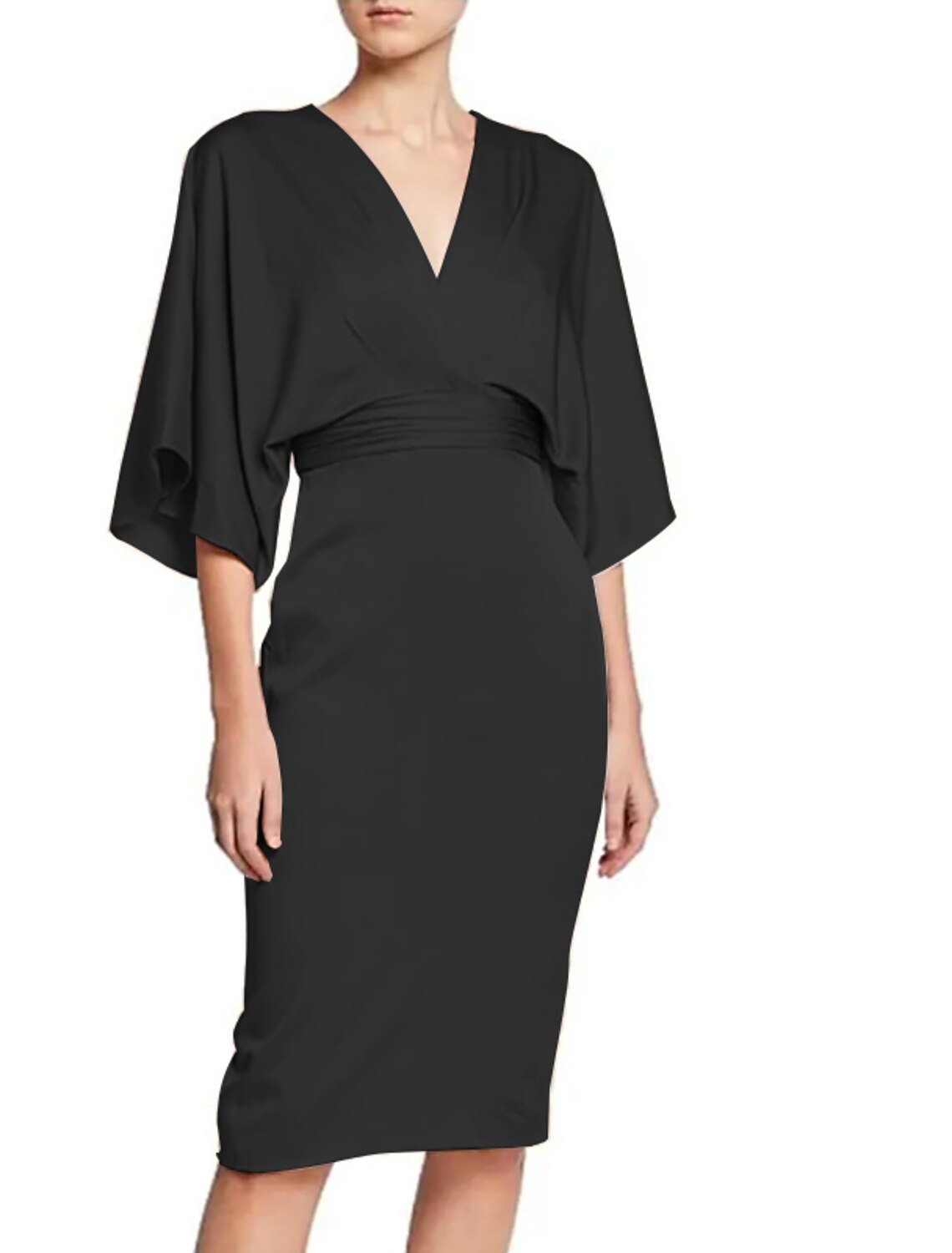 Vestido minimalista de fiesta, cóctel, cumpleaños, escote en V, media manga, largo hasta la rodilla, de satén con faja/cinta.