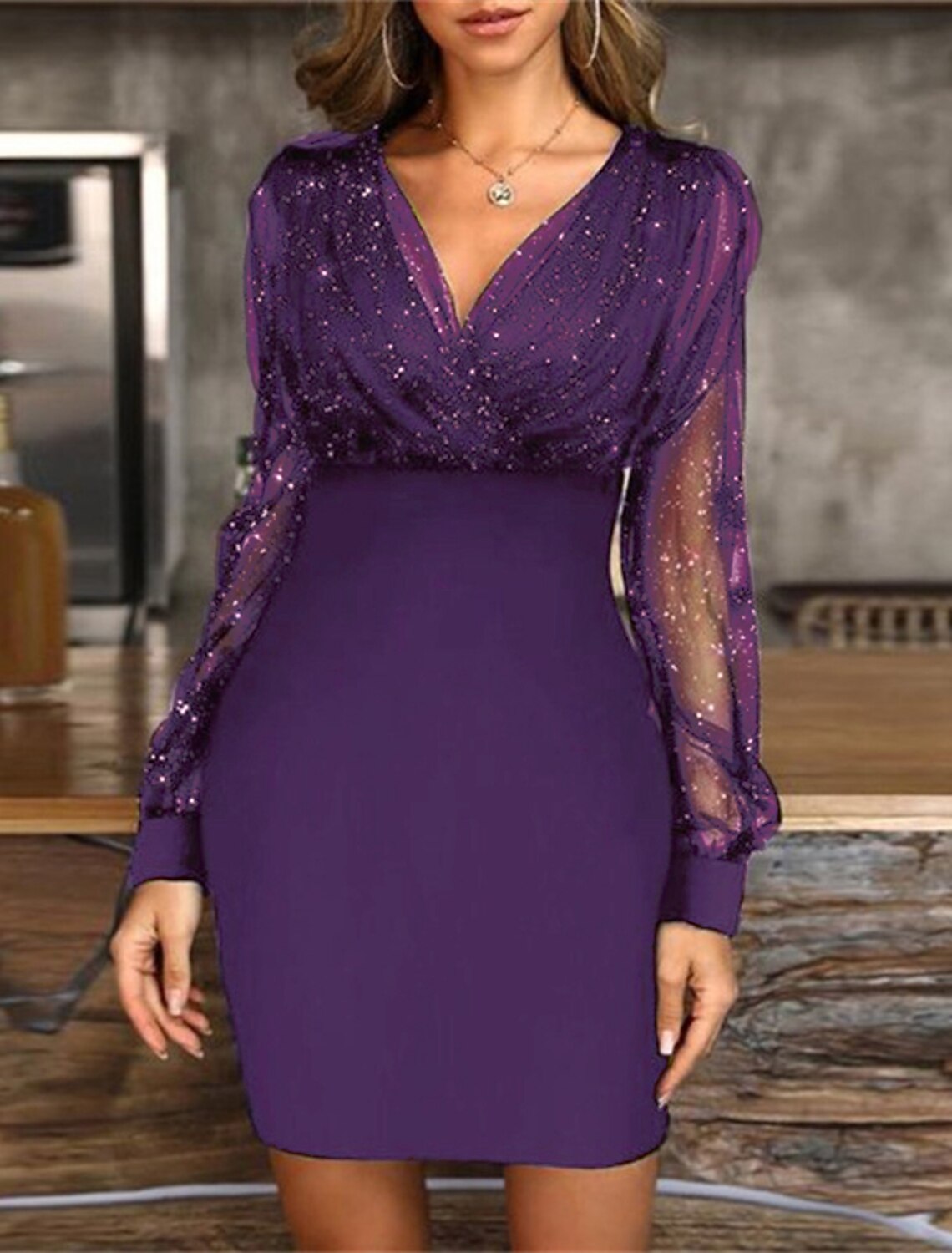 Abito nero da donna, abito sexy, abito da festa, abito da ballo, abito tubino, mini abito, abito in rete a maniche lunghe, viola vino, primavera autunno inverno, scollo a V, moda, festa, ospite di nozze, abito da cocktail nero