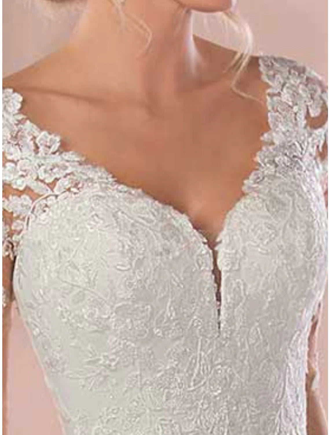 Ivory Lace A-Line Floor-Length Bridesmaid Dress with V-Neck, Long Sleeves & Sweep Train