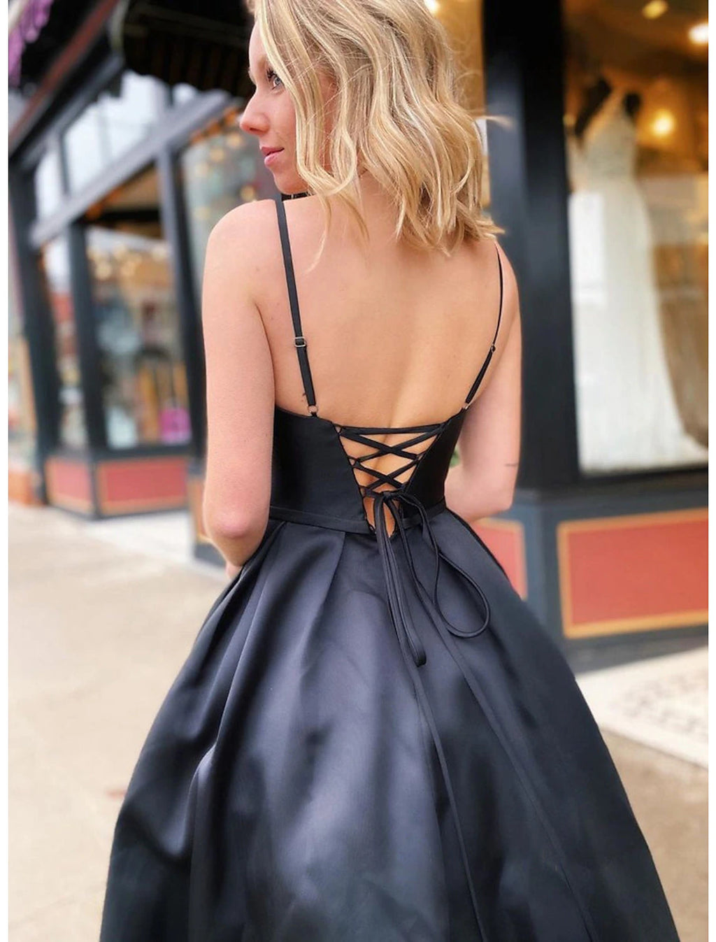 Black Satin A-Line Floor-Length Dress with Beaded V-Neck & Pockets for Prom & Formal Events