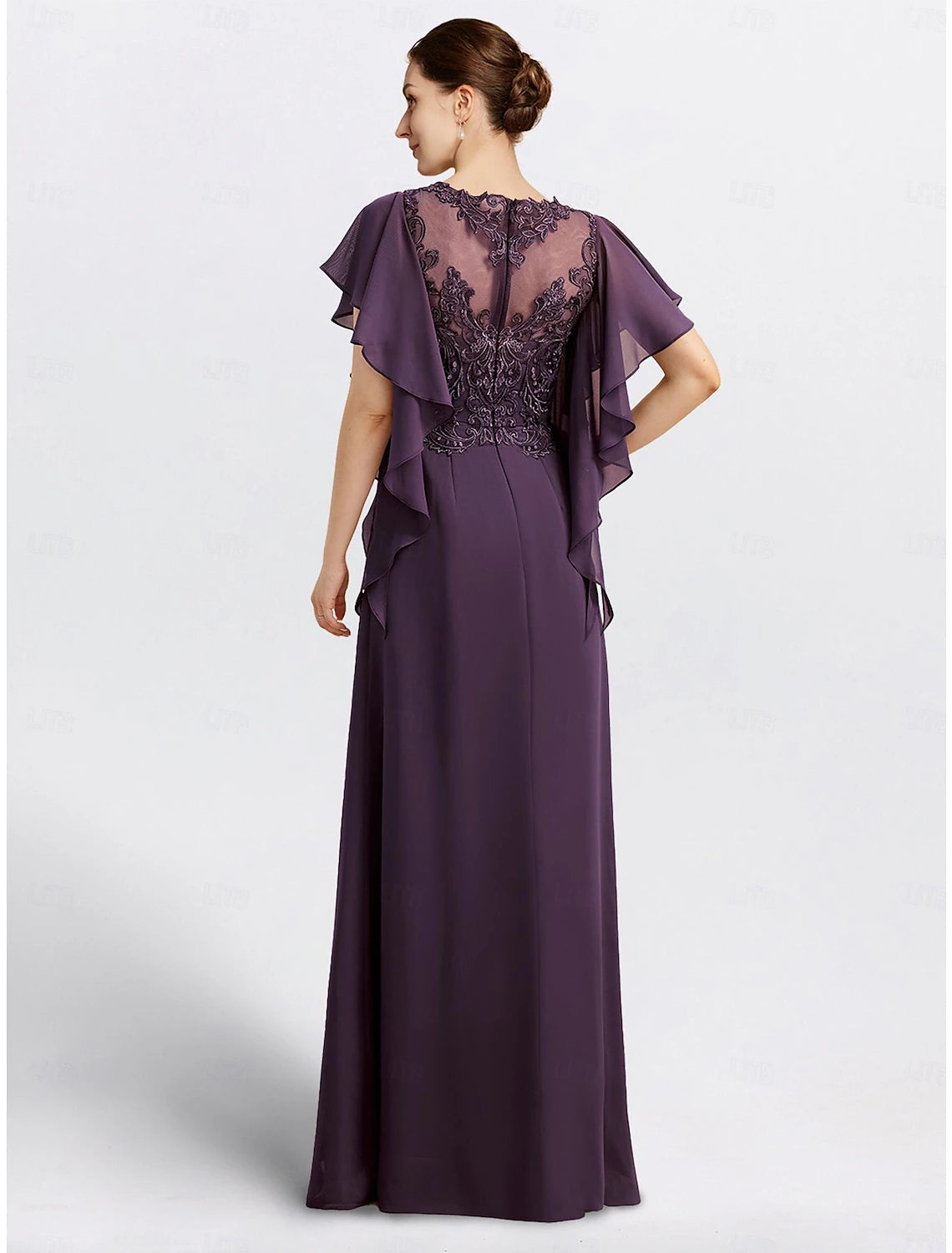 Plum Chiffon A-Line Floor-Length Evening Dress with Illusion Neckline & Flutter Sleeves