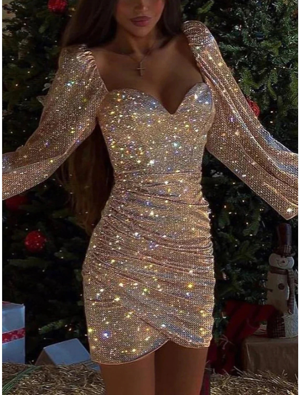 Gold Glitter Short Sheath/column Evening Dress with Sweetheart Neckline and Puff Sleeves