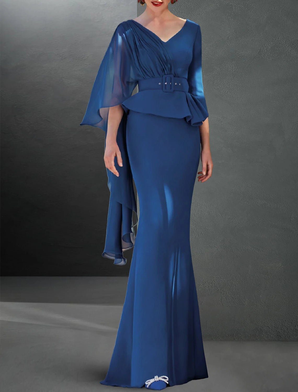 Mermaid / Trumpet Evening Gown Elegant Dress Formal Fall Sweep / Brush Train 3/4 Length Sleeve V Neck Belt / Sash  Chiffon with Buttons 2025