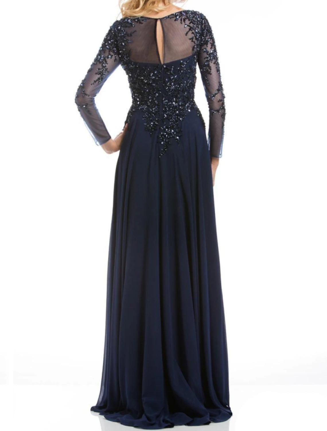 Abito da cerimonia per la madre della sposa, a trapezio, elegante, con scollo a V, lunghezza al pavimento, in chiffon e pizzo, maniche lunghe con applicazioni in pizzo