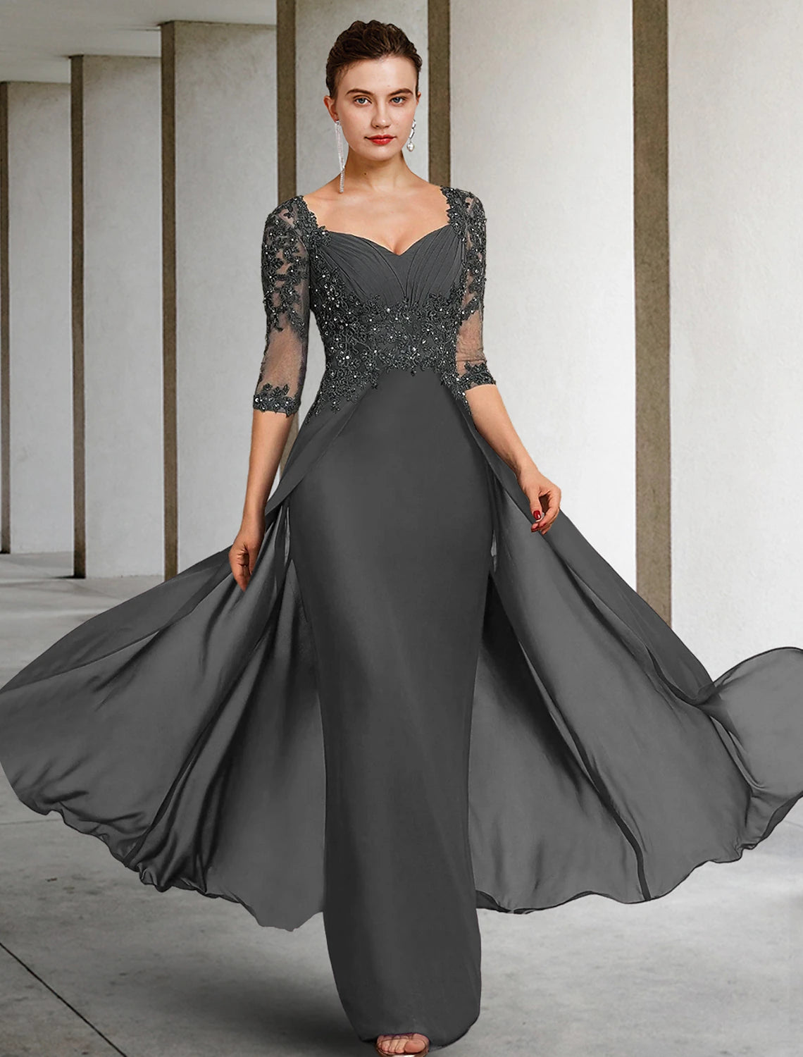 Embellished Grey Chiffon A-Line Floor-Length Evening Dress