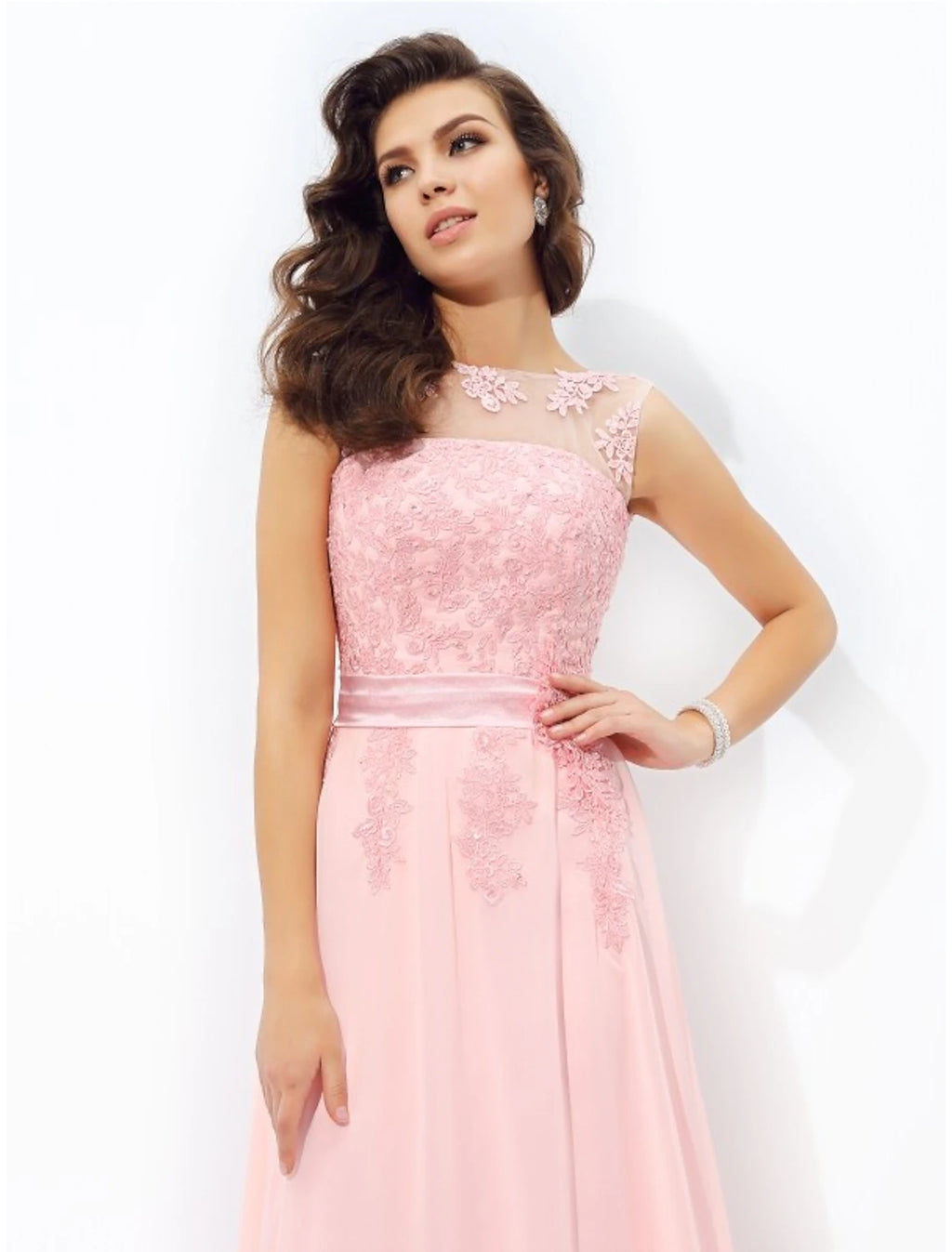 Blushing Pink Chiffon A-Line Floor-Length Bridesmaid Dress with Illusion Neck and Back Zip