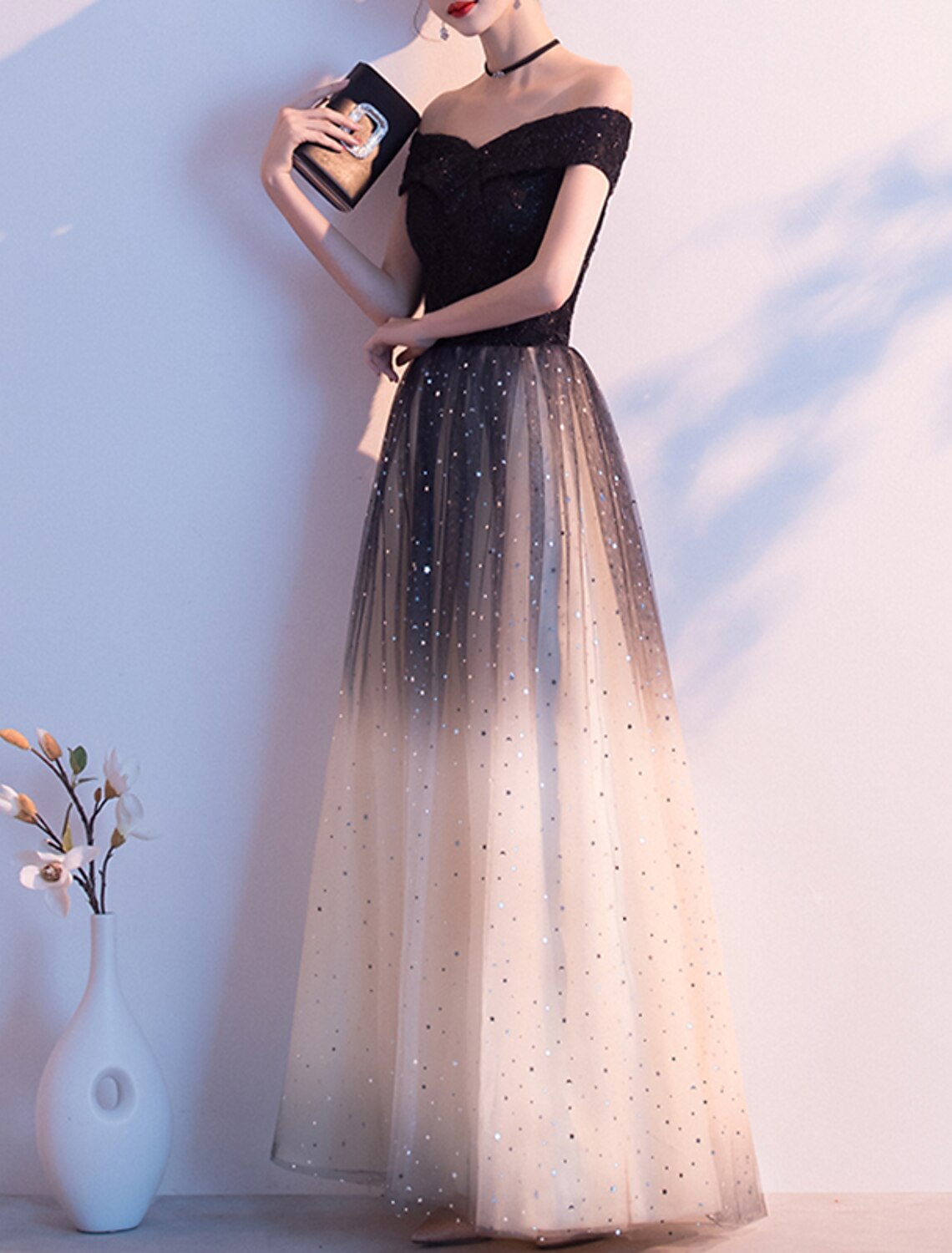 A-Line Evening Gown Glittering Dress Party Wear Formal Evening Floor Length Short Sleeve Off Shoulder Tulle with Sequin