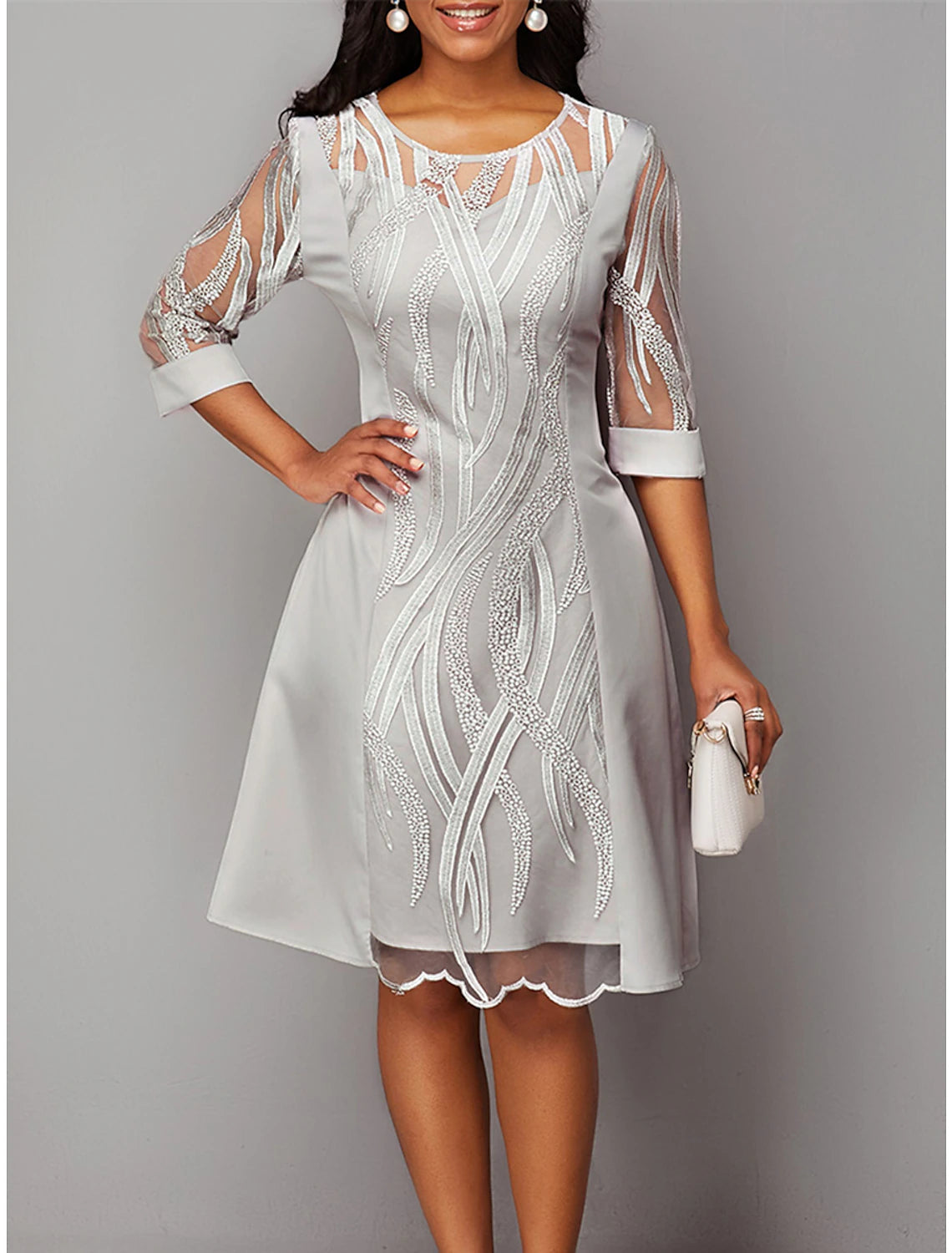 Vestido de fiesta para mujer, vestido de encaje, vestido de regreso a casa, vestido midi gris, manga 3/4, color puro, encaje, otoño invierno, cuello redondo, vestido de invitada de boda