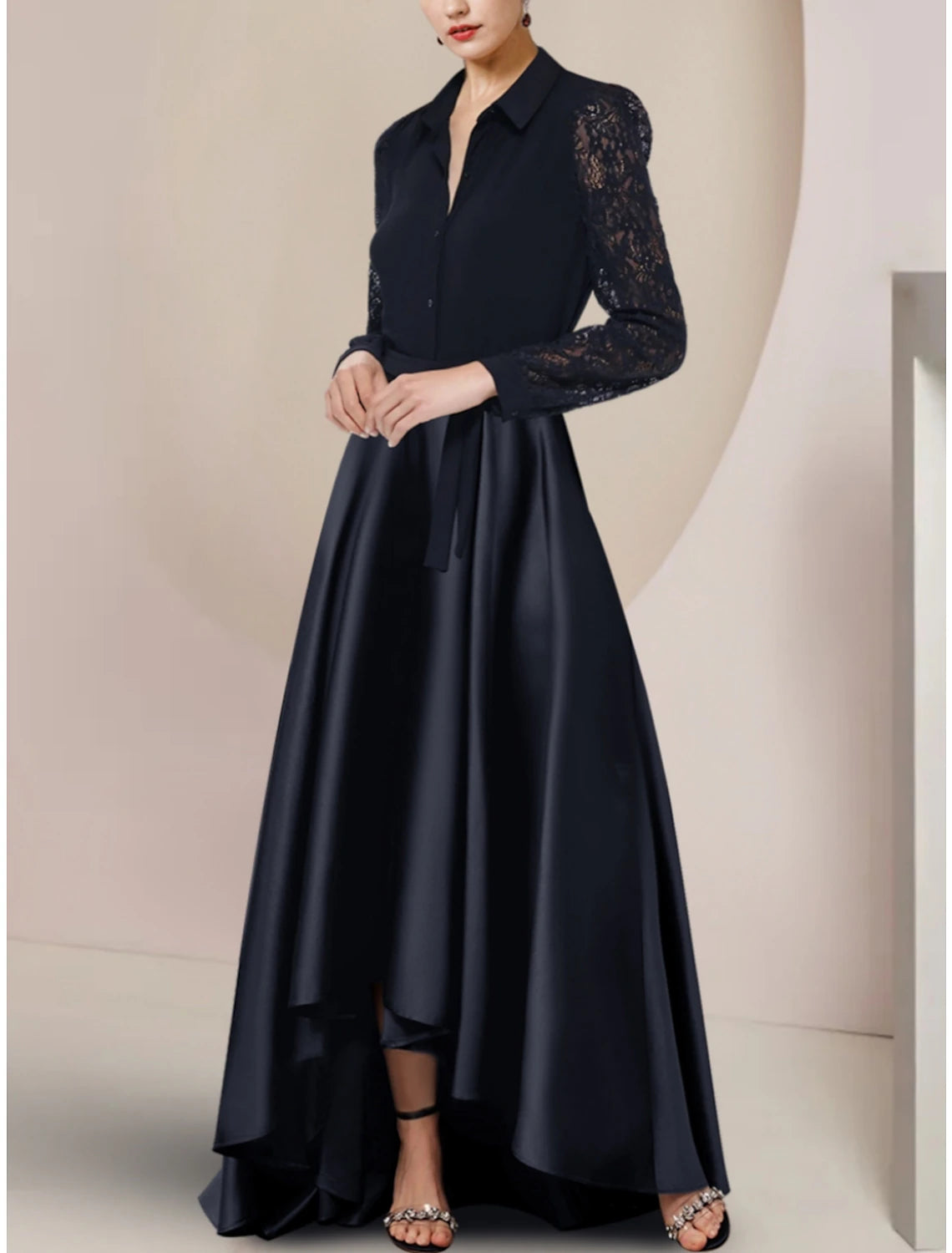 Dark Navy A-Line Asymmetrical Evening Dress with Lace Sleeves