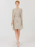 Sand Chiffon Sheath/Column Short Dress with Sweetheart Neckline & Embroidered Jacket