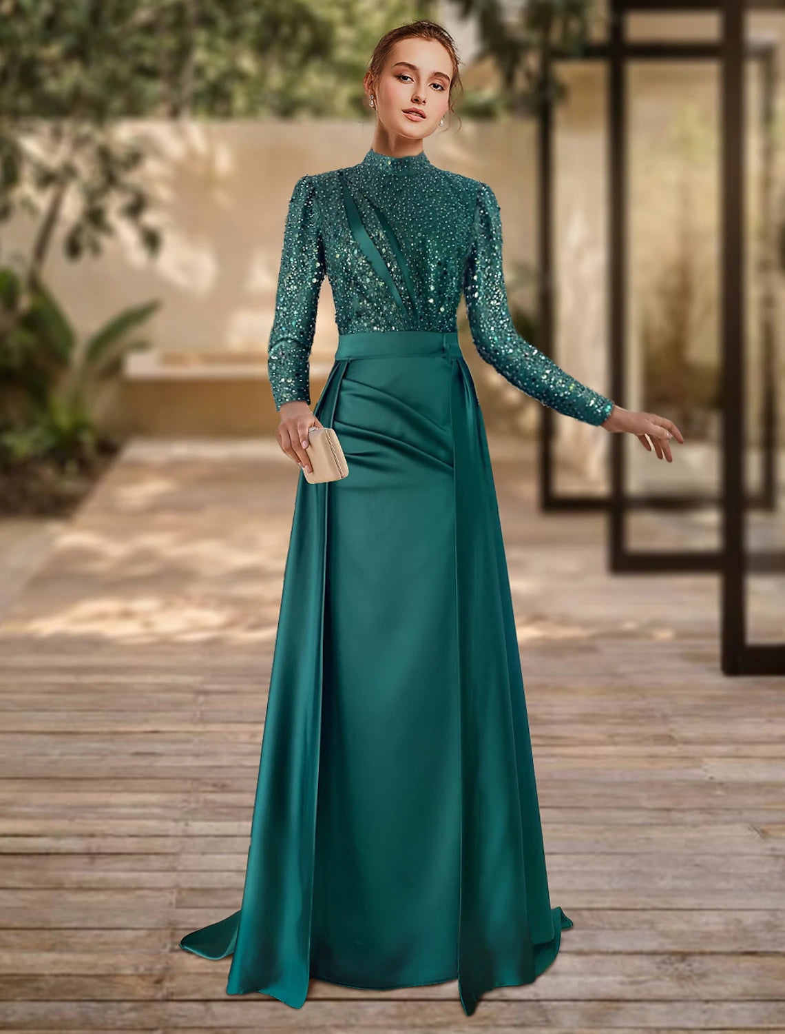 Emerald Sequin High Neck A-Line Floor-Length Gown