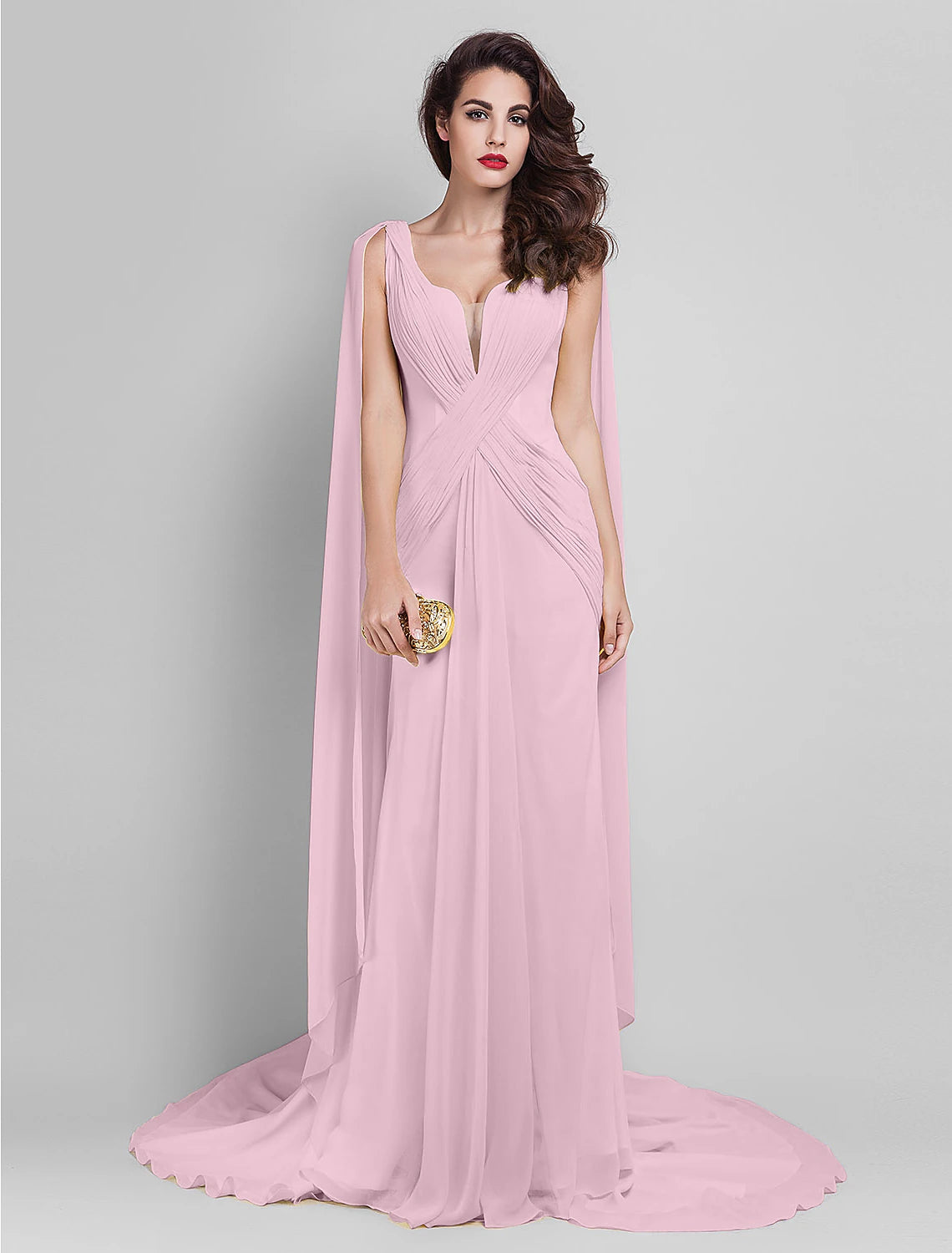 Lemon Chiffon Sheath/column Floor-Length Evening Dress with Flowing Cape