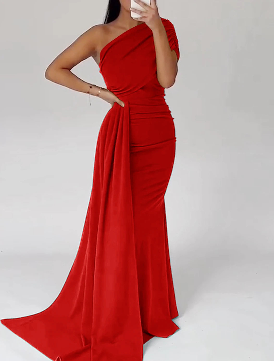 Mermaid / Trumpet Evening Gown Elegant Dress Formal Christmas Red Green Dress Sweep / Brush Train Short Sleeve One Shoulder Satin with Pleats Ruched 2025