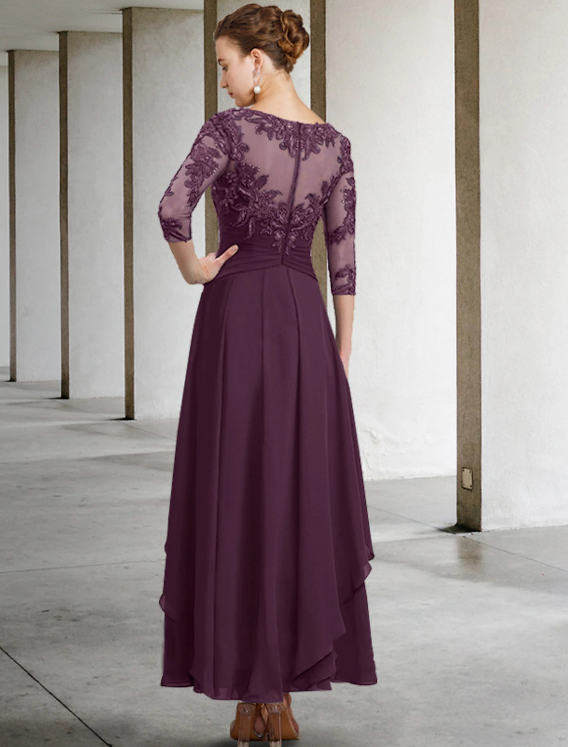 Abito da cerimonia per la madre della sposa, elegante, in chiffon, con scollo a V, lunghezza alla caviglia, in pizzo, manica a 3/4, con applicazioni di paillettes arricciate