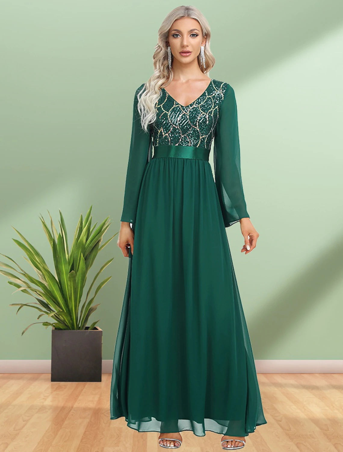 Emerald Chiffon A-Line V-Neck Floor-Length Dress with Sequin Bodice