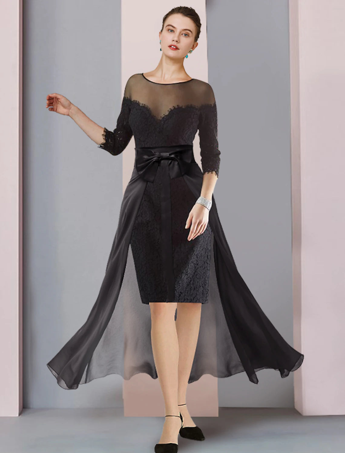 Vestido de dos piezas para madre de la novia, estilo tubo/columna, elegante, desmontable, escote redondo, largo hasta la rodilla, de gasa, con encaje, manga 3/4 y apliques de lazo(s).