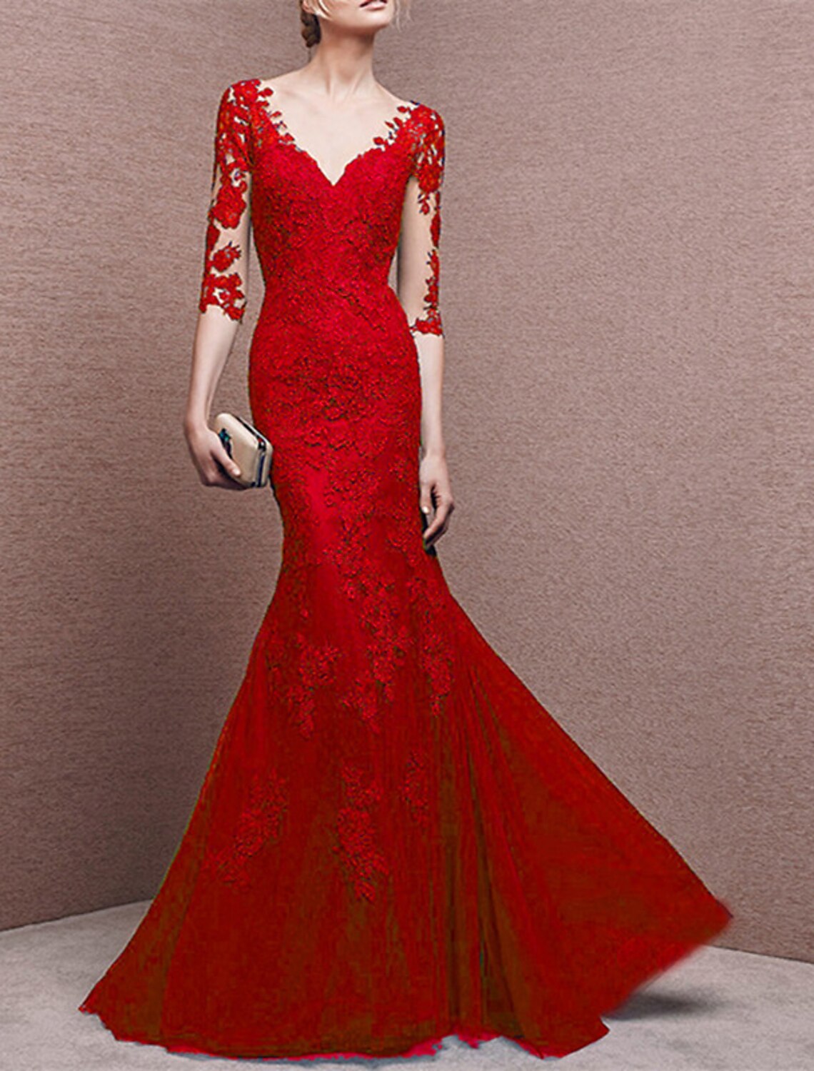 Mermaid / Trumpet Evening Gown Elegant Dress Formal Wedding Guest Floor Length Half Sleeve V Neck Tulle with Buttons Appliques