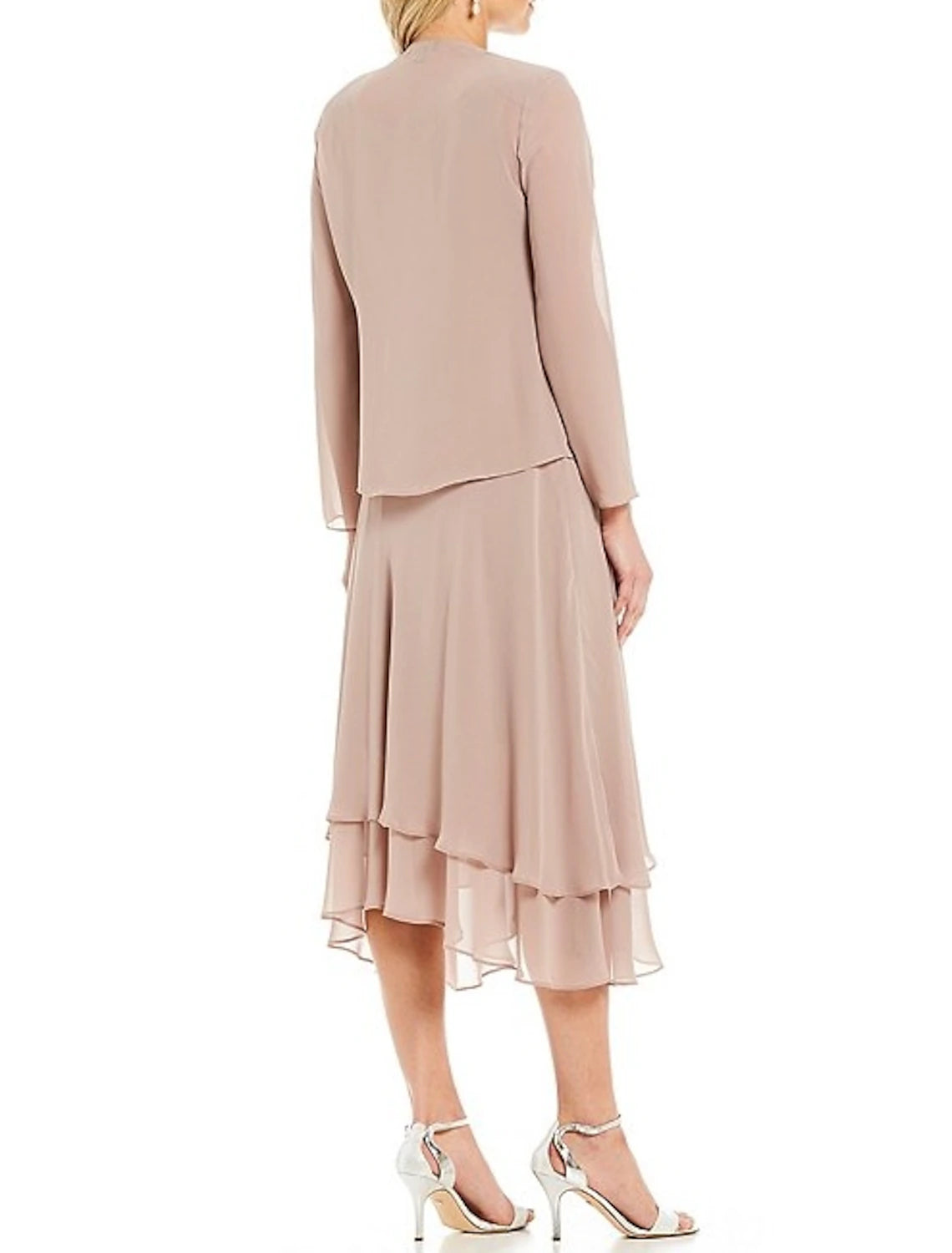 Abito da cerimonia per la madre della sposa in due pezzi, a trapezio, elegante, in chiffon, con scollo gioiello, lunghezza tè, maniche lunghe, con perline e volant a cascata